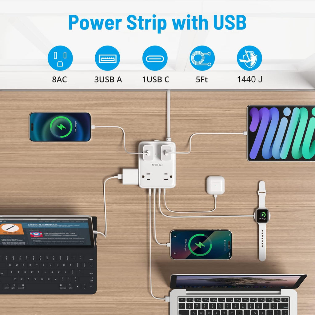 TROND Surge Protector Power Strip with USB, Ultra Thin Flat Plug 5ft Extension Cord 1625W, 3 USB A & 1 USB C, 8AC Outlets 1440J Surge Protection Wall Mount for Home Office Dorm Room Essentials, White