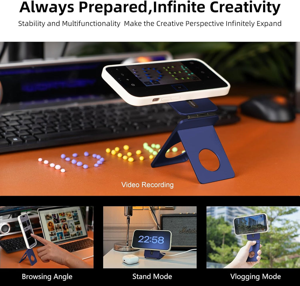 Phone Tripod Stand, Aluminum Alloy Mini Tripod Compatible with Magsafe iPhone 16/15/14/13/12 Series, Foldable Strong Magnetic Phone Stand, Mult-Angle Adjustment Selfie Stick (Navy Blue)
