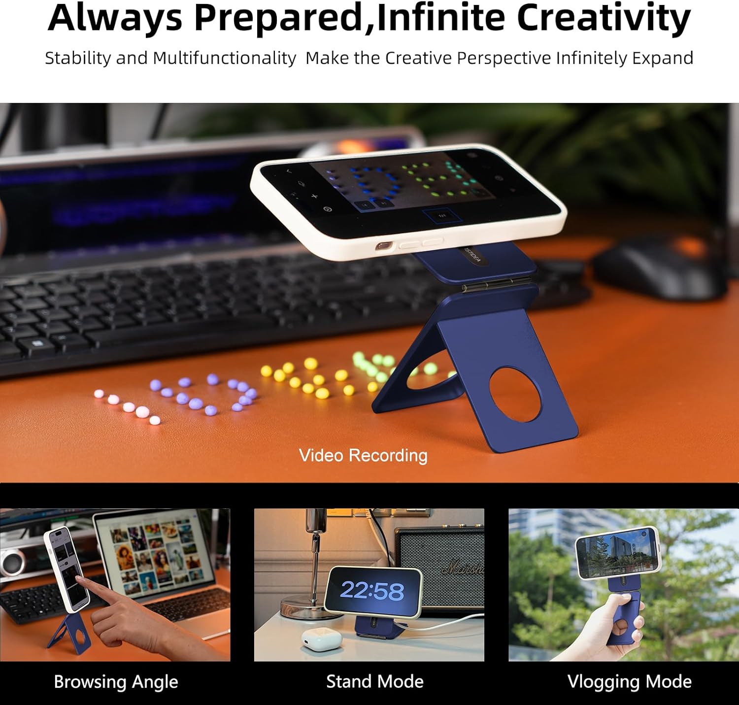 Phone Tripod Stand, Aluminum Alloy Mini Tripod Compatible with Magsafe iPhone 16/15/14/13/12 Series, Foldable Strong Magnetic Phone Stand, Mult-Angle Adjustment Selfie Stick (Navy Blue)