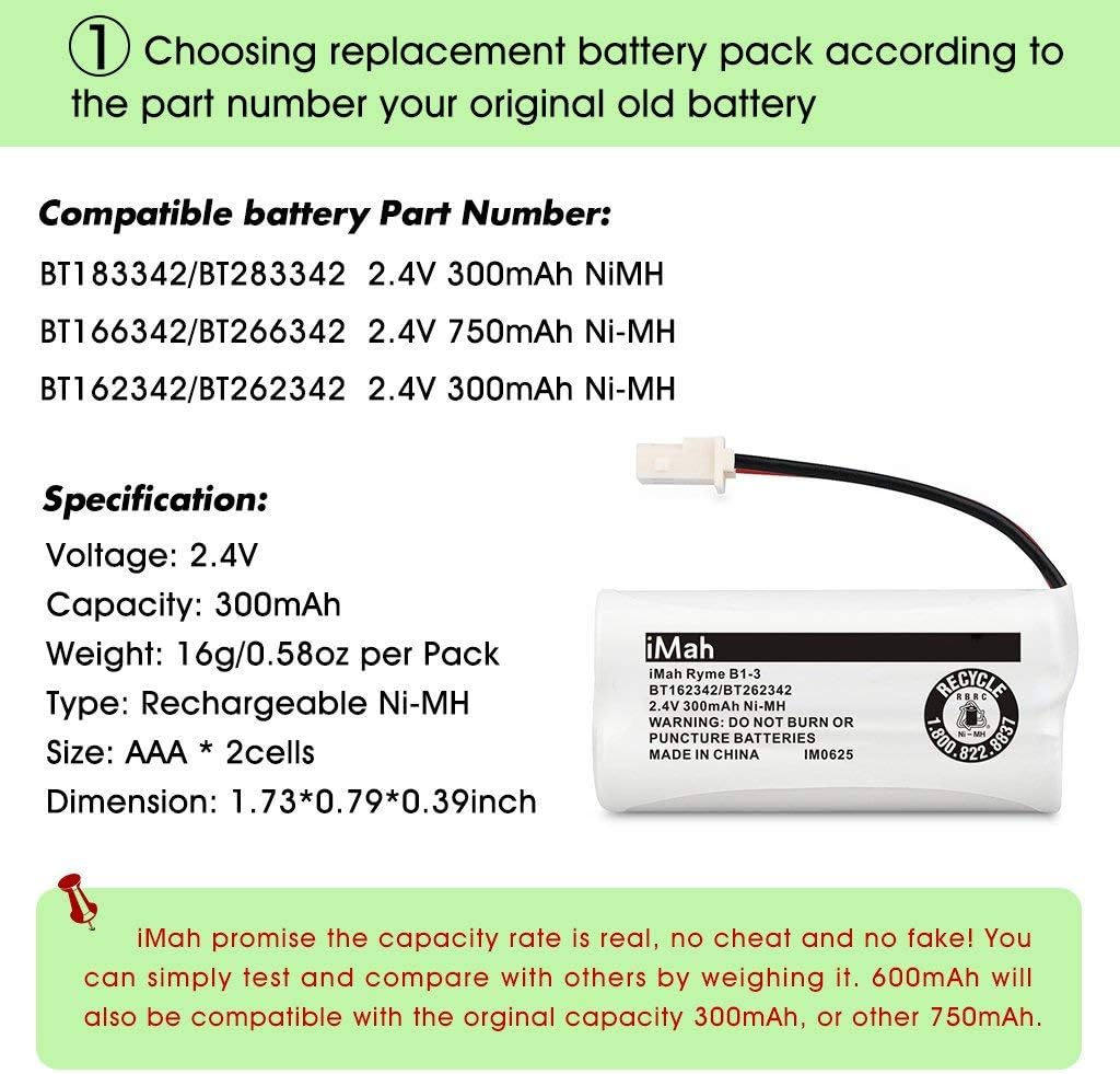 iMah BT162342 BT262342 Cordless Phone Batteries Compatible with BT183342 BT283342 BT166342 BT266342 VTech CS6114 CS6419 CS6719 AT&T EL52300 CL80111 Handset Telephone (Pack of 2)