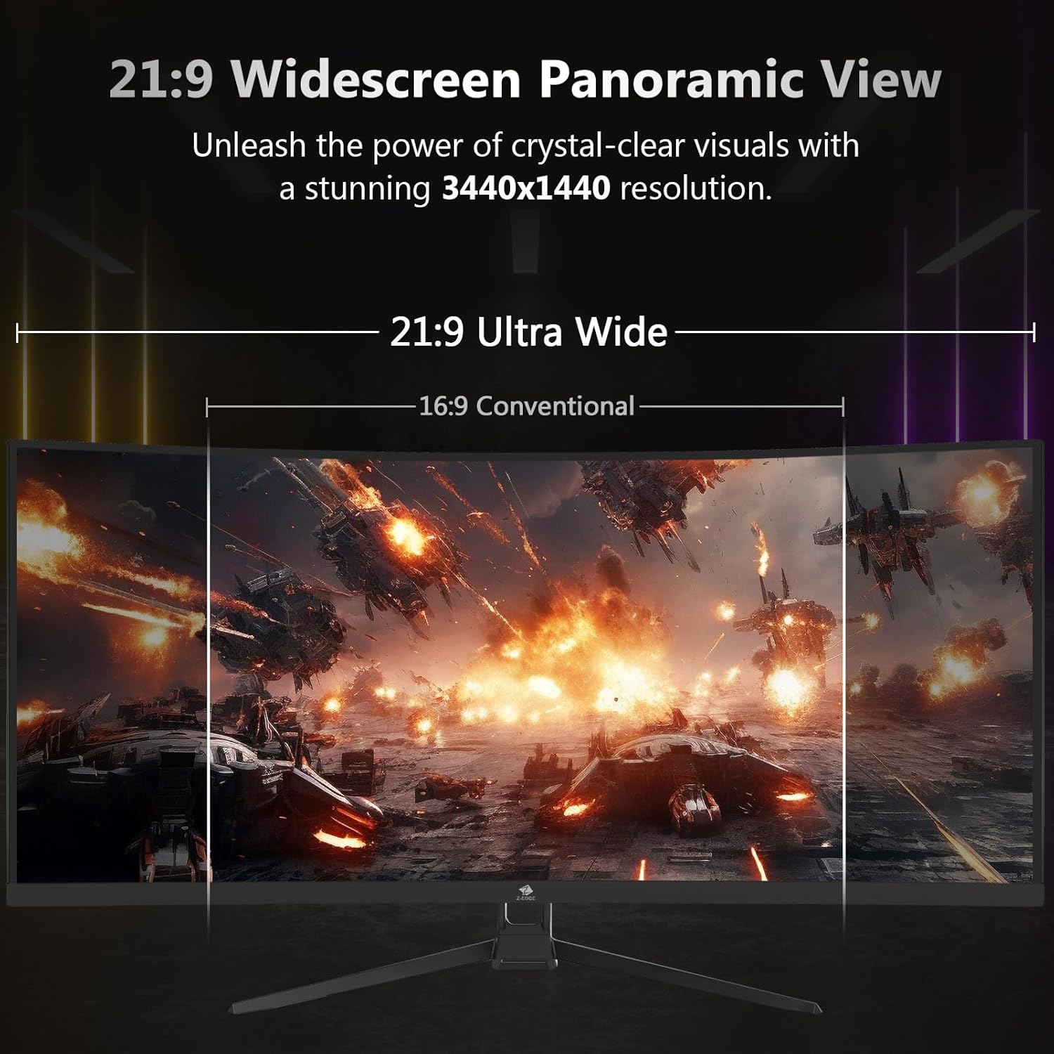 Z-Edge 34" Curved Gaming Monitor, WQHD 1440P 165Hz 144Hz PC Monitor, MPRT 1ms, 21:9 Aspect Ratio, 1500R, 16.7M Colors, 3000:1 Contrast, UG34 Frameless Bezel, 2X DP 1.4 Ports and 2X HDMI 2.0 Port