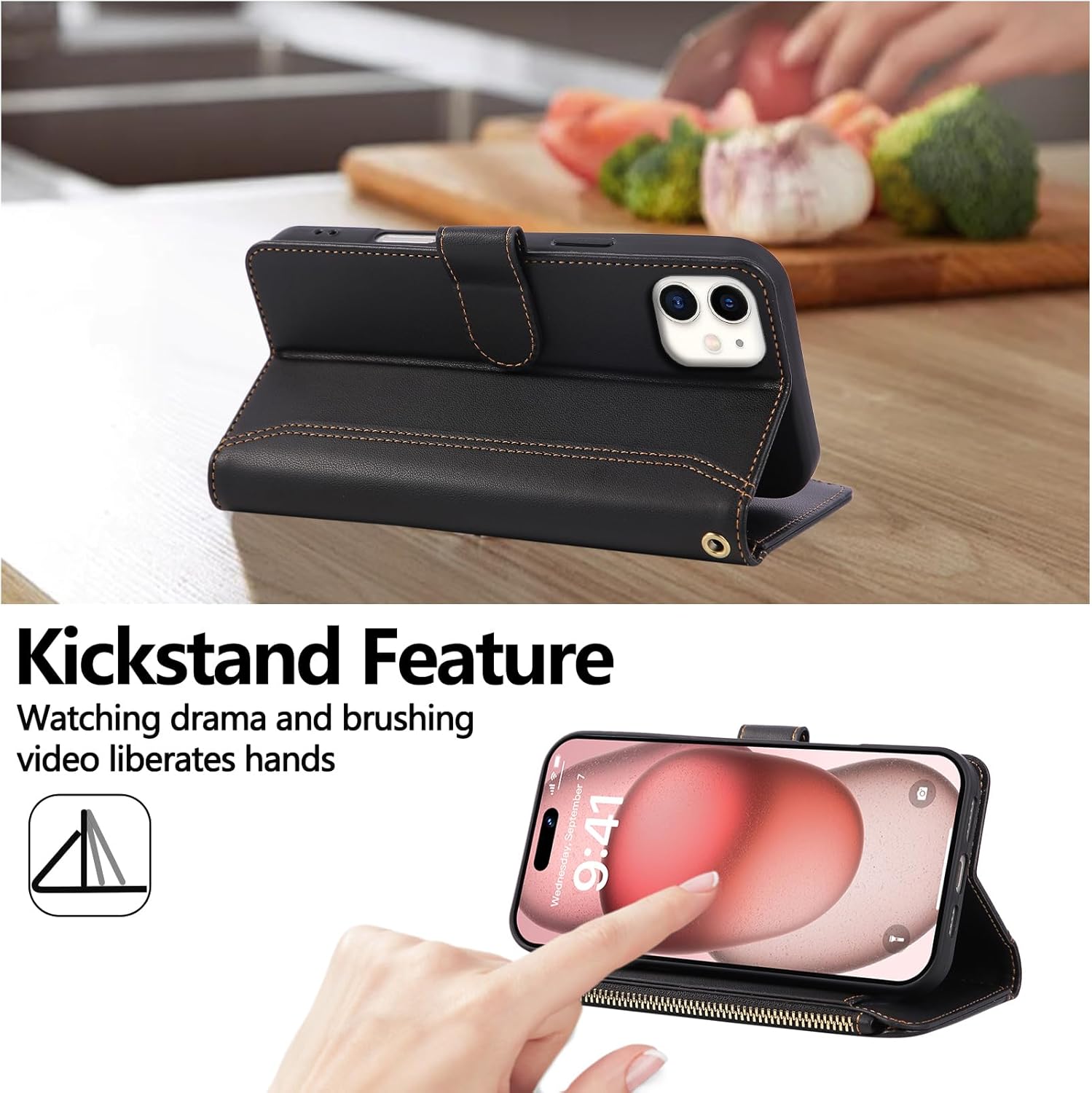 Compatible with iPhone 11 Wallet Phone Case-PU Leather Magnetic Flip Cover with Credit Card Slots,Zipper Pocket & Detachable Wrist Strap,Shockproof Design,for Women and Men-Black