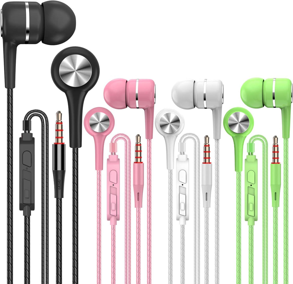 YNR 4 Pairs Wired Earbuds with Microphone & Volume Control, in Ear Earphones for School, Noise Islating High Definition, for 3.5mm Jack iPhone iPad iPod Samsung Google Devices (A12-4)