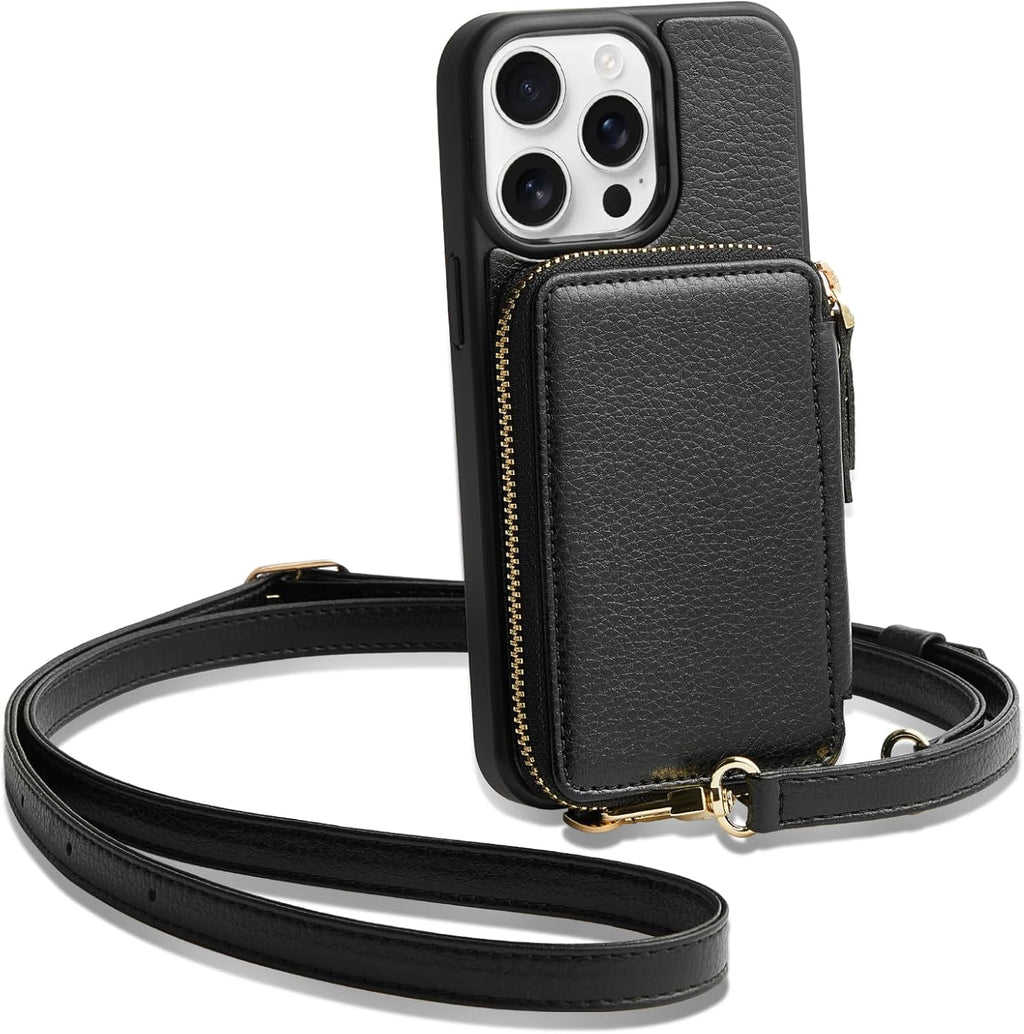 ZVE for iPhone 15 Pro Max Wallet Case Crossbody, Card Holder Phone Purse for Women, RFID Blocking Zipper Leather Cover with Wrist Strap for iPhone 15 Pro Max (6.7 inch)- Black