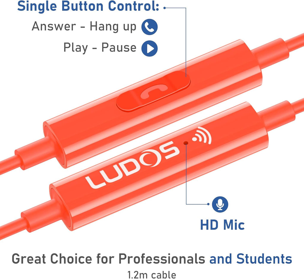 LUDOS OMNITONE Wired Earbuds in-Ear Headphones, 5 Year Warranty, Earphones with Microphone, 3.5 mm Jack Corded Ear Buds, Videoconference for iPhone, Samsung, Laptop, Kids, School Students - Coral