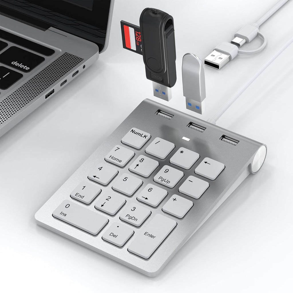Wired USB C/A Number Pad - Numeric Keypad & Hub with 3 USB2.0 Ports - Portable Slim 18 Key Number Keypad Keyboard for Laptop PC Pad Surface MacBook, Wired Numeric Keypad with Type C & USB Cable 1.6Ft