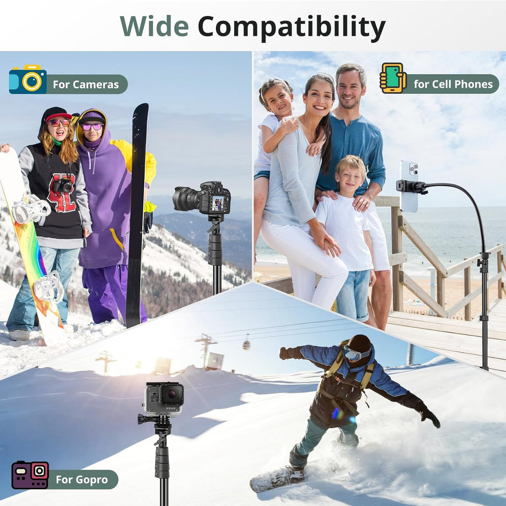 Sensyne 92" Cell Phone Tripod, Selfie Stick Tripod with 16.5" Flexible Gooseneck, Overhead Phone Stand for Video Recording, Photography, Compatible with Phone, Camera