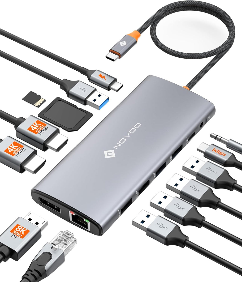 NOVOO USB C Docking Station Dual Monitor for Laptop, 14 in 1 Hub Adapter Thunderbolt 3 to Dual 4K60 HDMI+8K30 DP USB C/A Data 100W PD RJ45 SD/TF