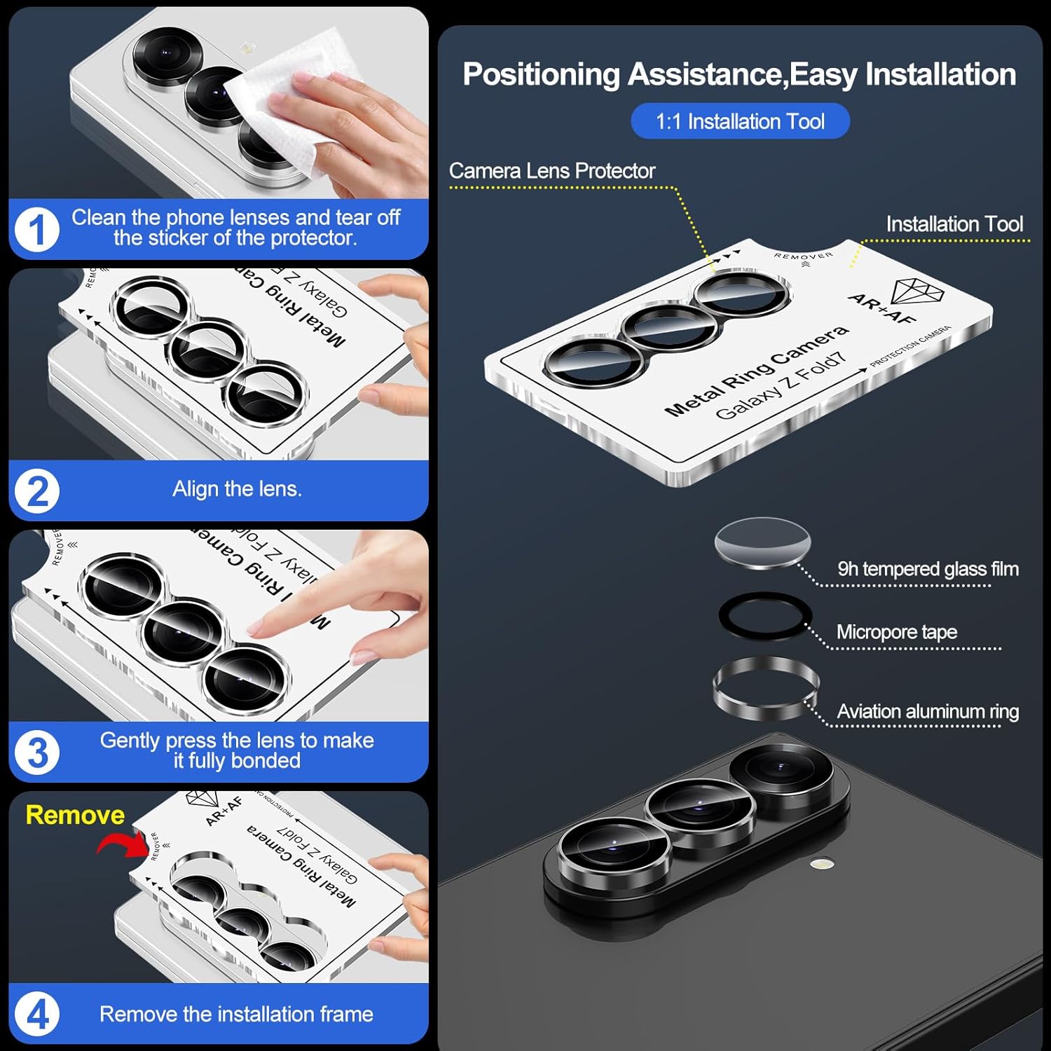for Samsung Galaxy Z Fold 7 Camera Lens Protector, Individual Metal Ring Tempered Glass Lens Cover, [Strong Adsorption] Scratch Resistant Ultra-Thin HD Clear Lens Cover, 1 Set-Black Ring