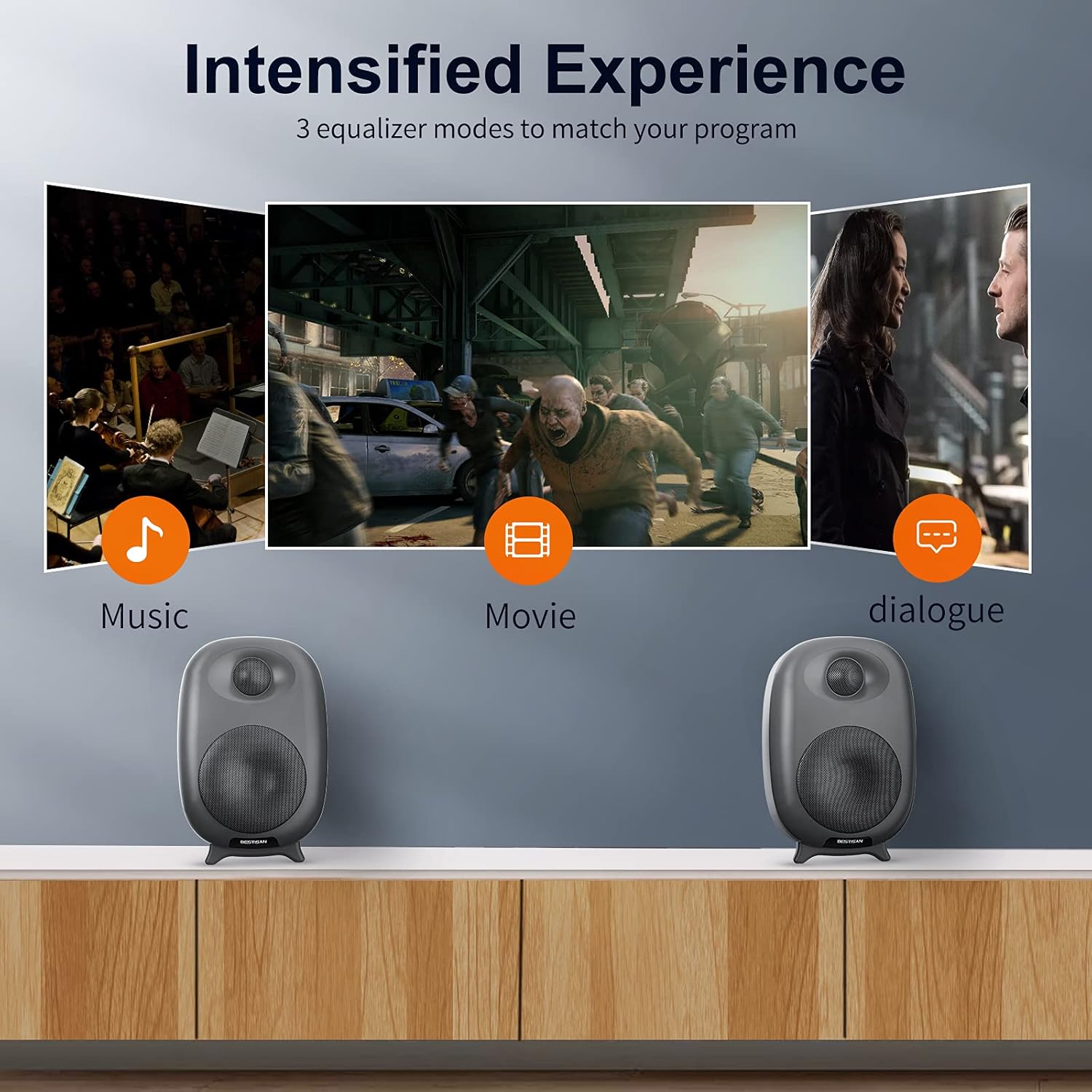 BESTISAN Bookshelf Speakers, 60 Watt Powered Studio Monitor Speaker with Bluetooth 5.0 and Wired Optical Line in Input Port, Bass and Treble Adjustable, Deep Bass, 3 Audio Mode Design (Gray)