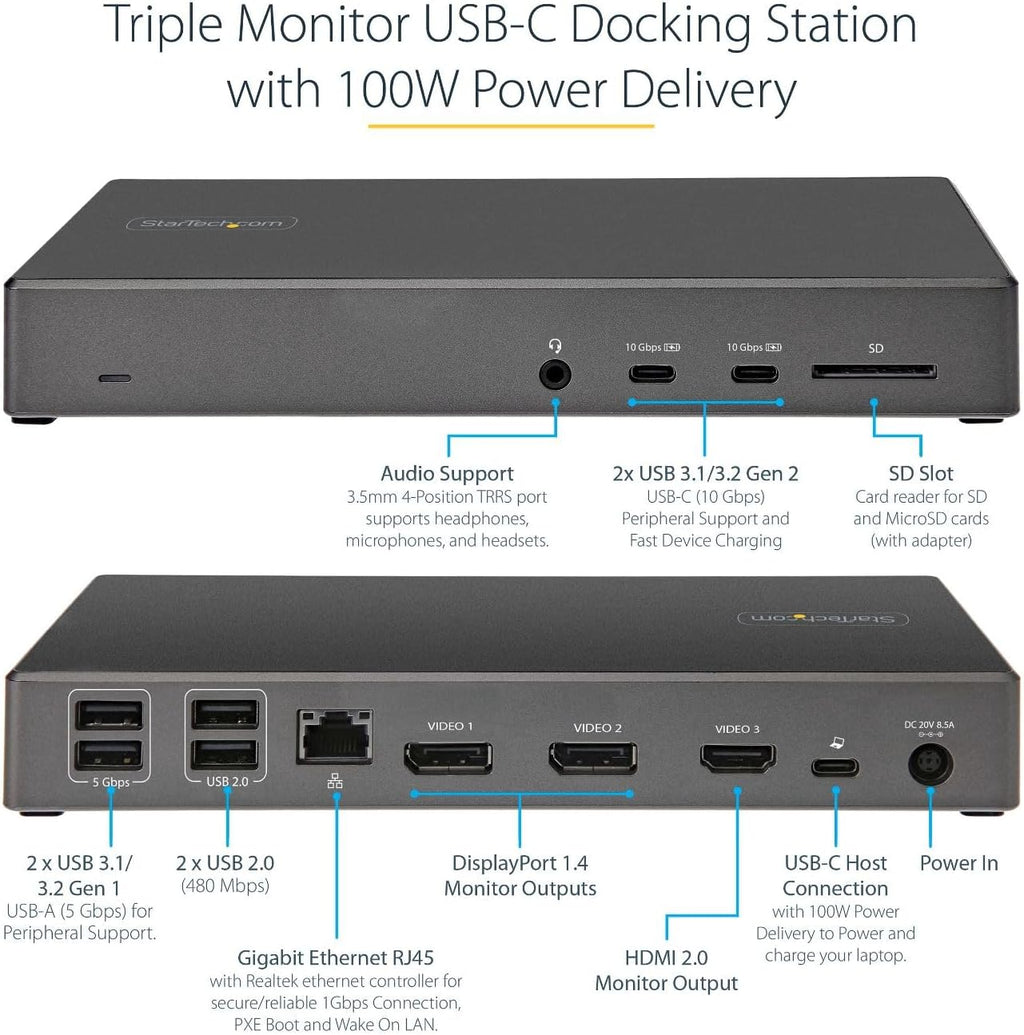 StarTech.com USB C Dock - Triple 4K Monitor USB Type-C Docking Station - 100W Power Delivery - DP 1.4 Alt Mode & DSC, 2X DisplayPort 1.4/HDMI 2.0-6xUSB (2X 10Gbps), SD - Windows/Chrome (DK31C2DHSPD)
