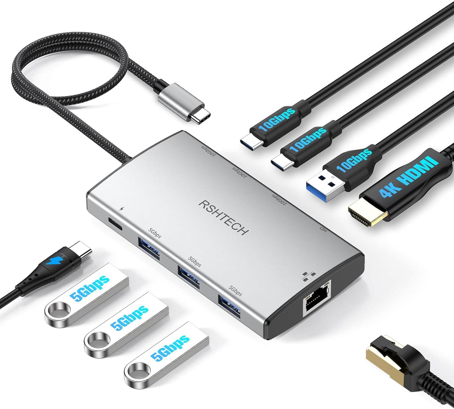RSHTECH 9-in-1 USB C Hub Multiport Adapter with 4K HDMI, 10Gbps USB-3.2 Ports(2C + 1A), 3 USB-3.0 5Gbps Data Ports, 100W PD, Gigabit Ethernet, Aluminum USB-C Dongle for MacBook, Laptops and More