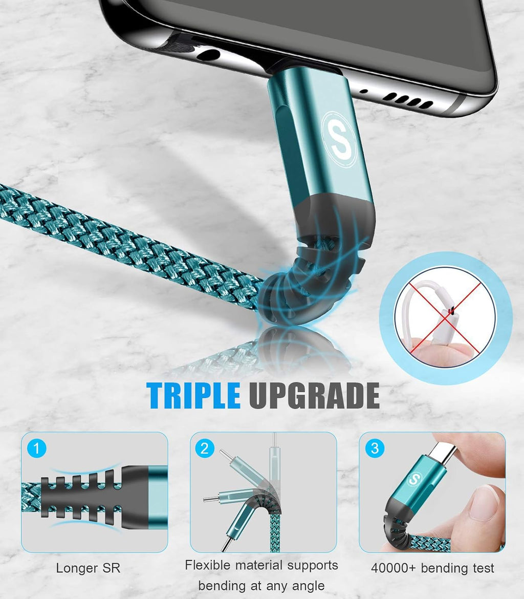 USB C Cable 3.1A Fast Charging [3Pack,10ft+6.6ft+3.3ft], sweguard USB-A to USB-C Charger Nylon Braided Cord for Samsung Galaxy S21 S20 S10 S9 S8 Plus/FE Note 20 10 9 8 7, A71 A51 A32,LG,Moto,PS5-Green