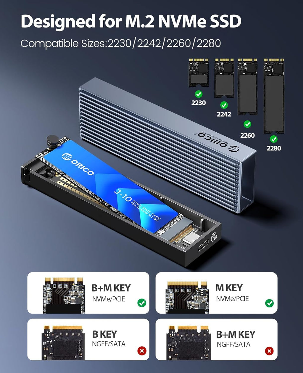ORICO M.2 NVMe SSD Enclosure Aluminum Tool-Free Adapter, 10Gbps USB3.2 USB-C M2 Reader for M.2 PCIe NVMe M-Key 2230/2242/2260/2280 SSD, Thunderbolt 3 Compatible, External Case Support UASP Trim-BM2G2