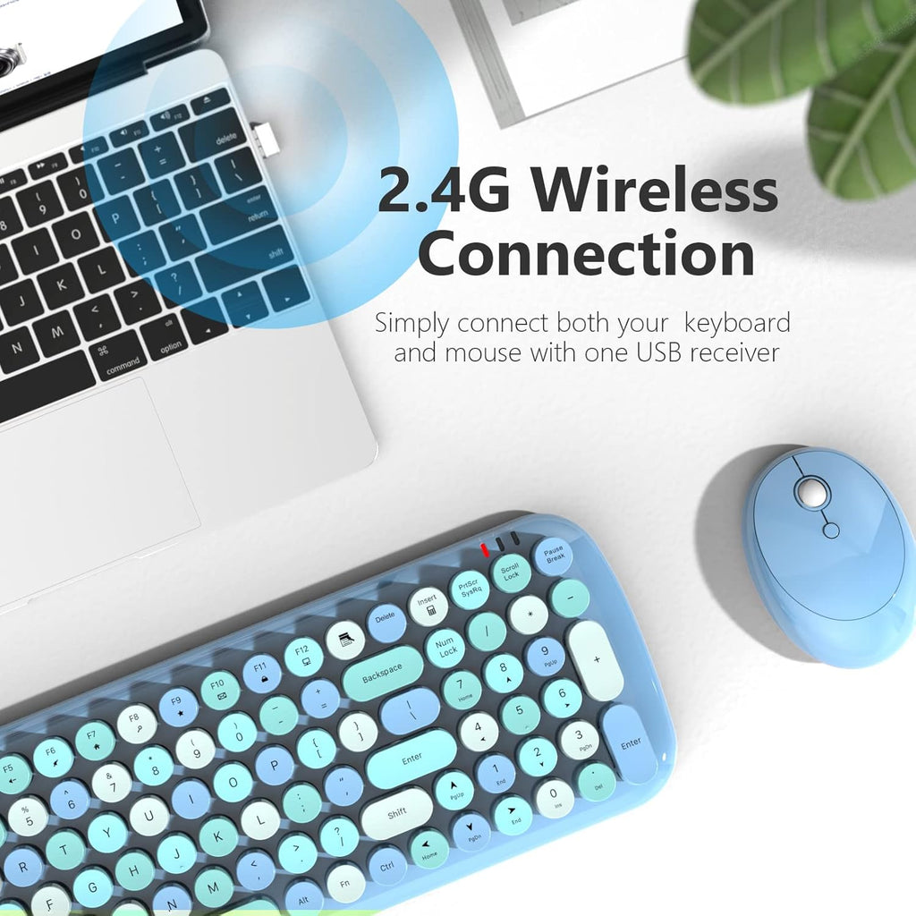 KNOWSQT Wireless Keyboard and Mouse Combo, Light Blue 100 Keys 2.4 GHz Round Keycap Typewriter Keyboards, USB Receiver Plug and Play, for Windows, PC, Laptop, Computer, Desktop