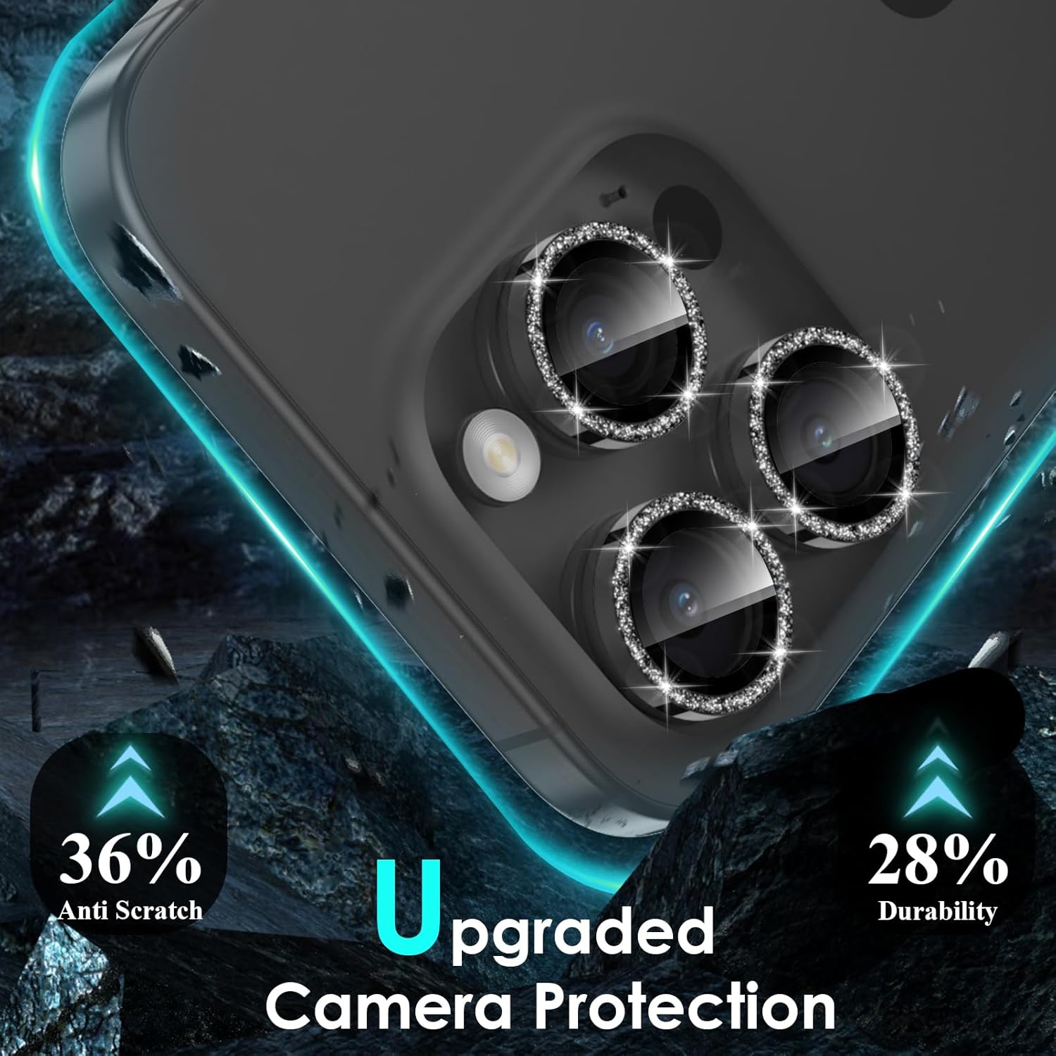 YWXTW Designed for iPhone 15 Pro/iPhone 15 Pro Max Camera Lens Protector Bling, [New Glitter Design] Individual Metal Tempered Glass Camera Cover Accessories Case Friendly (Black Titanium Glitter)