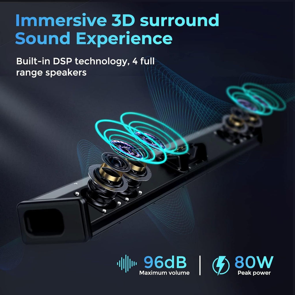 OXS S3 Sound Bars for TV, Home Theater Audio with Dynamic Bass, 3D Surround Sound System TV Sound Bar, TV Speakers, Bluetooth 5.0/Aux/Optical/Coaxial, 80-Watt, 3Eqs, Wall Mountable, Black