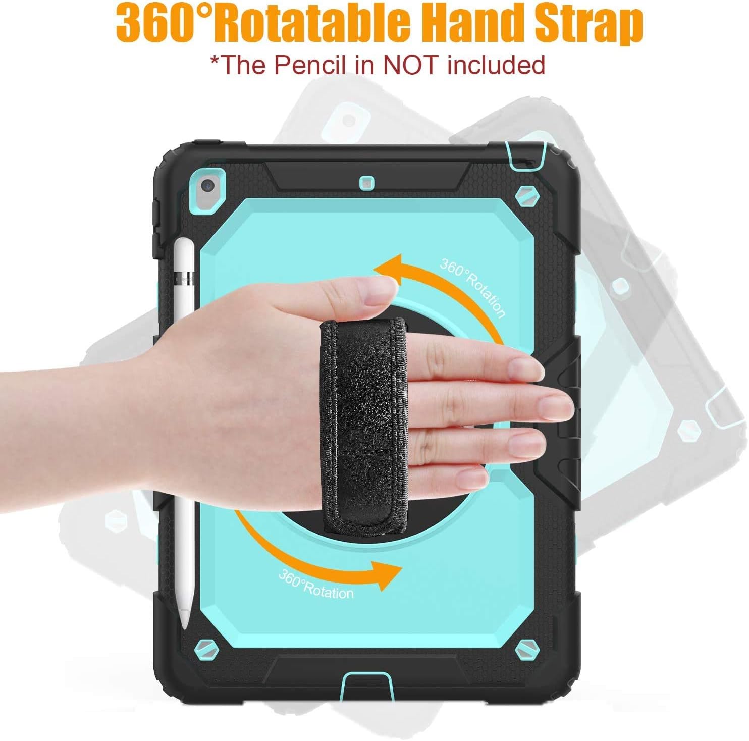 BLOSOMEET Case for iPad 9th/8th Generation 2021/2020 10.2 Inch with Tempered Glass Screen Protector & Pencil Holder,Rugged Kids iPad 7th Gen 10.2 Case 2019 Cover w/Stand Hand Shoulder Strap,SkyBlue