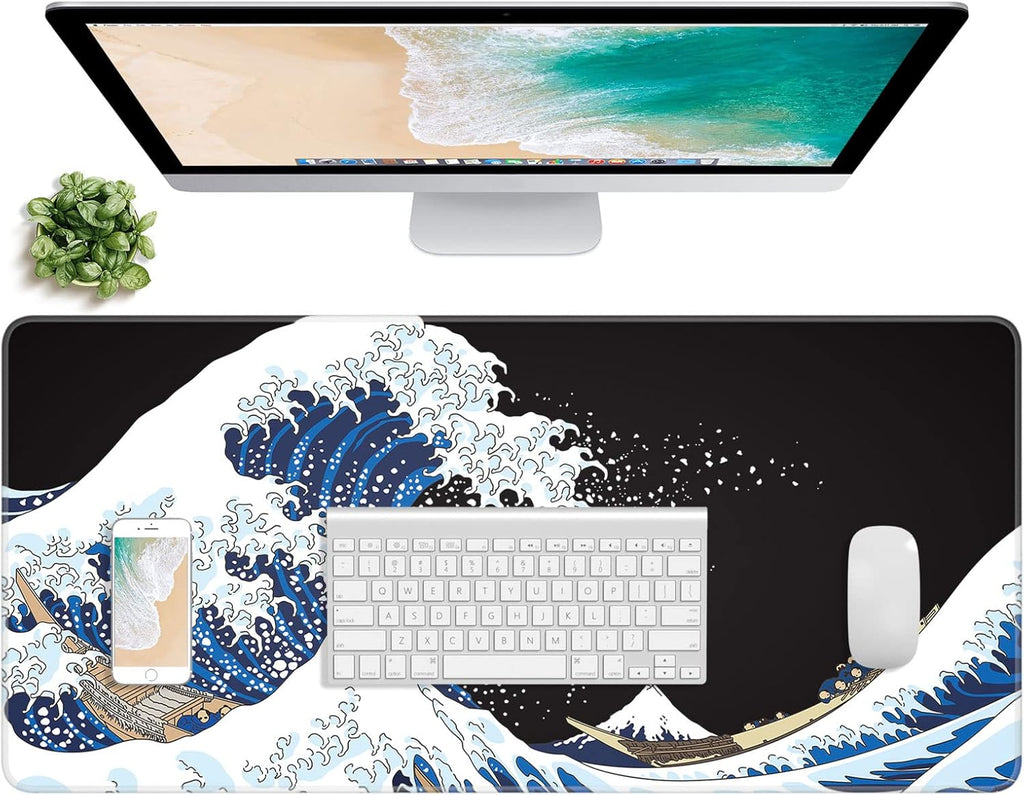 Extended Gaming Mouse Pad, XXL Large Desk Pad 30 x 14 Inch, Big Computer Keyboard Mousepad, Waterproof Mouse Mat with Stitched Edges and Non-Slip Base for Women Office Gaming, Sea Waves