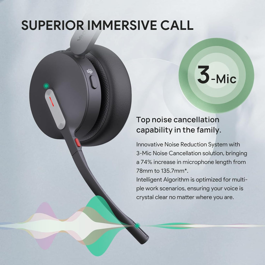 Yealink BH70 with Stand, Wireless Bluetooth Headset with Microphone for Work, Up to 35 Hours Talk Time, Teams Certified, ≤90 Minutes Quick Charging, USB-C/A Adapter, No Power Adapter Required
