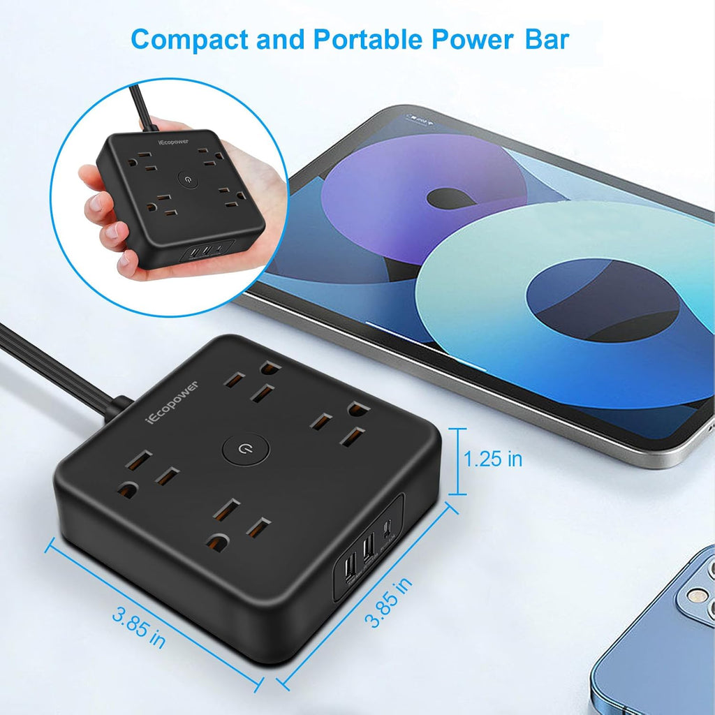 Ultra Flat Plug Surge Protector Power Strip 10 ft Cord,Long Power Strip with 4 Widely Outlets, Thin Extension Cord with 3 USB Ports(1 USB C Port),Slim Desk Charging Station,Black(2 Pack)