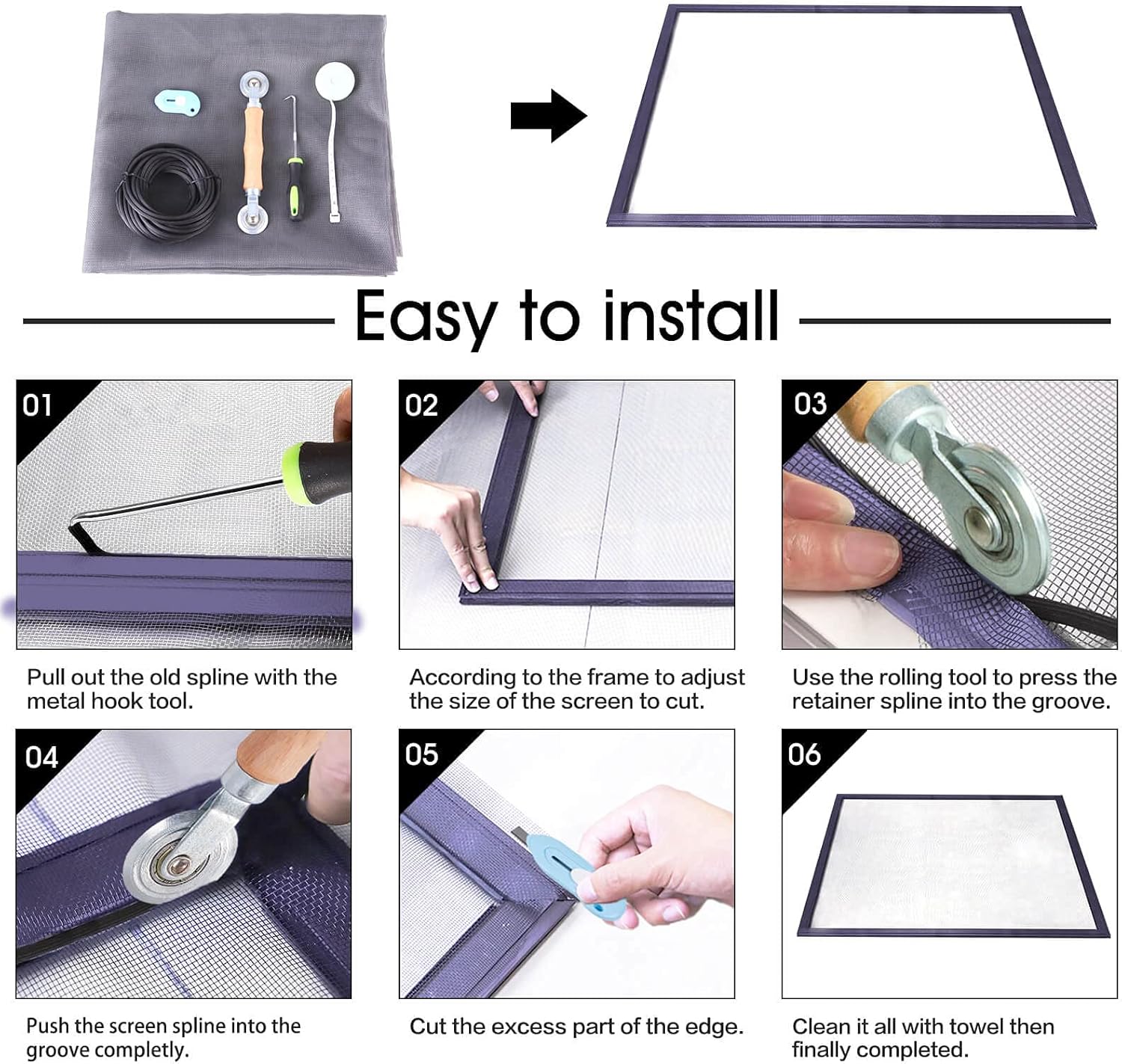 Window Screen Repair Kit - 59" x 106" Screen Door Replacement Fiberglass Screen Mesh with All Screen Tools for Sliding Door and Patio Screen Door Replacement, TOOLTRIZ