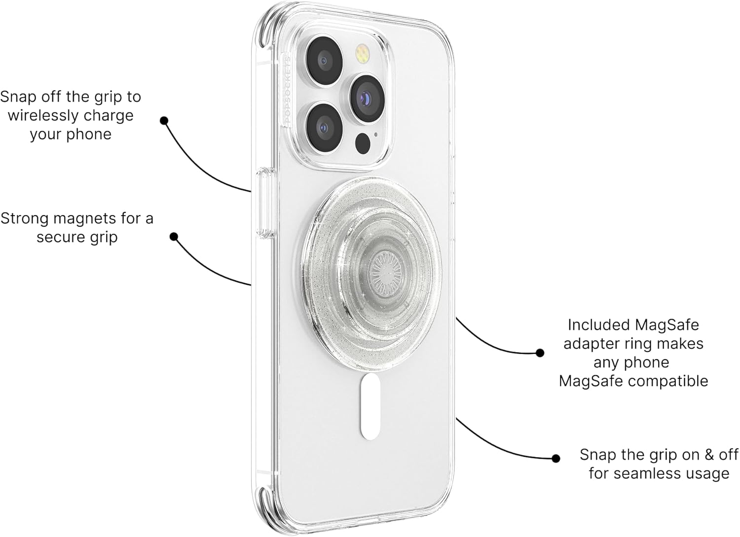 PopSockets Phone Grip for MagSafe with Kickstand, Magnetic Stand, Swappable Top, Secure Hold for iPhone MagSafe Cases, Phone & Tablet Grip, Cute PopSockets - Clear Glitter