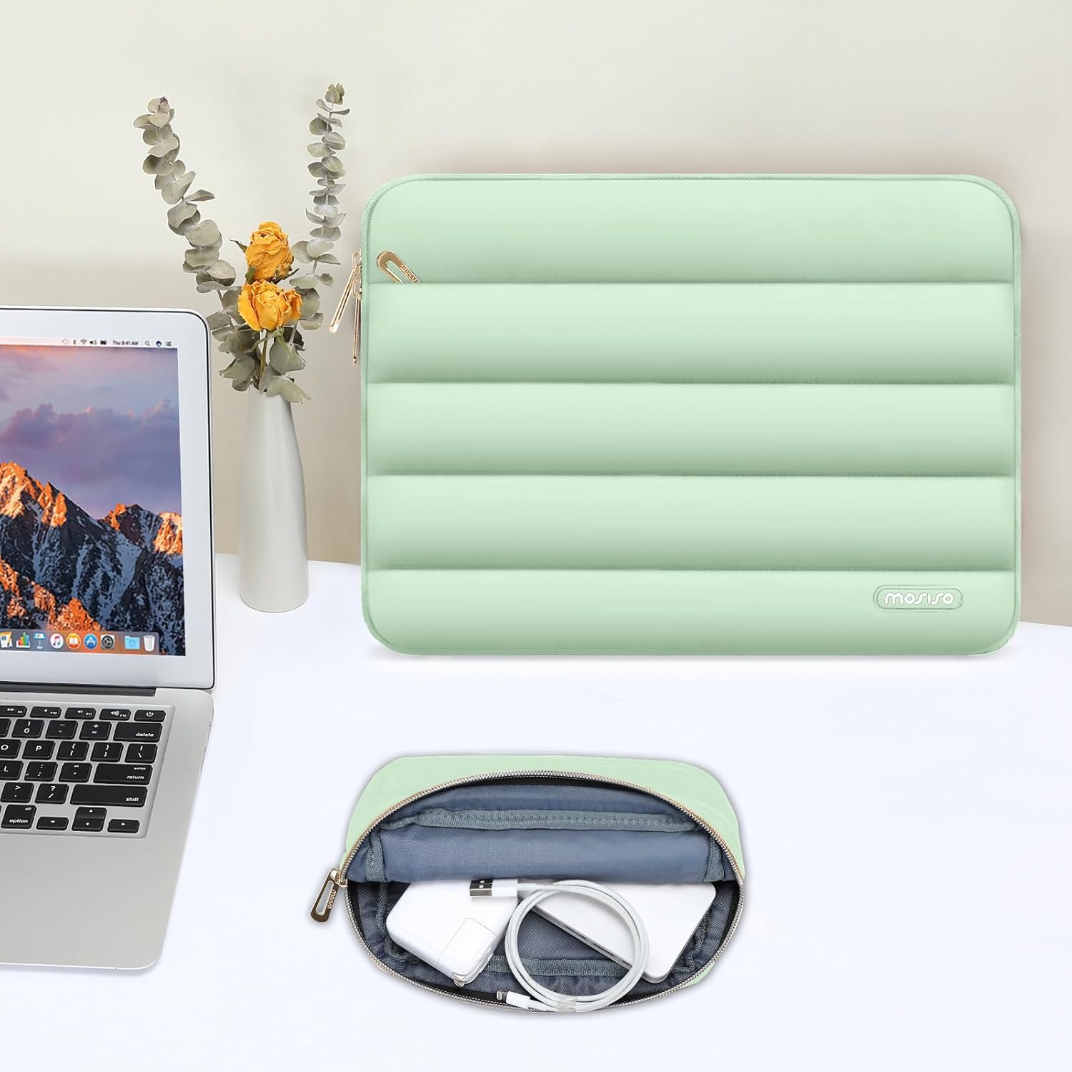 MOSISO 13.3 inch Laptop Case, 13-13.3 inch Puffy Laptop Sleeve Compatible with MacBook Air 13 13.6 M4 M3 M2 M1/Pro 13/Pro 14, HP Dell ASUS Lenovo,Polyester Horizontal Bag with Small Case, Mint Green