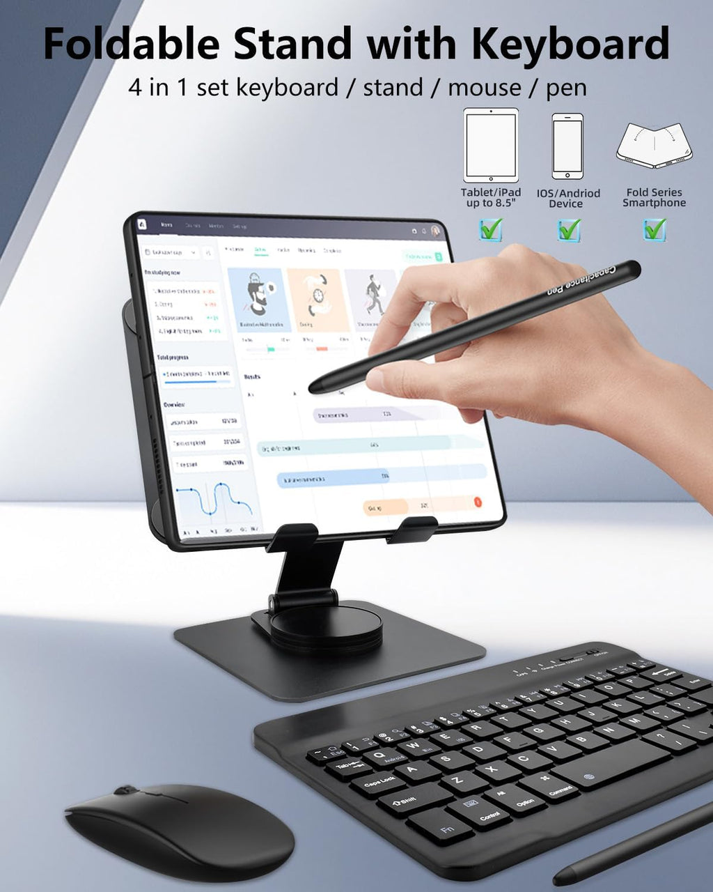 for Samsung Galaxy Z Fold 7 6 5 4 All Fold Smartphones Bluetooth Keyboard Stand Mouse & Pen Set, Portable Travel Wireless Keyboard Adjustable Foldable Aluminum Alloy Desk Holder for 4.7"-8.5" Tablets