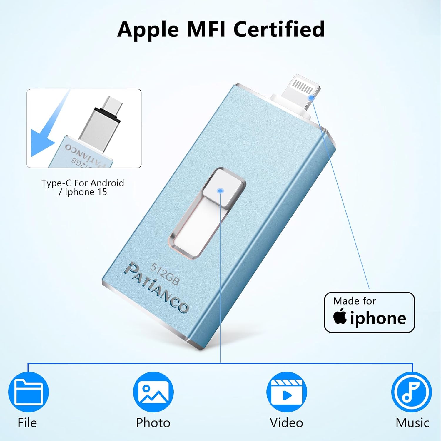 USB Flash Drive 256GB, Apple MFi Certified Photo Stick for iPhone Thumb Drive, iPhone-Memory-Stick for iPad/iPhone/Computer Picture Keeper Portable Hard Drive Blue