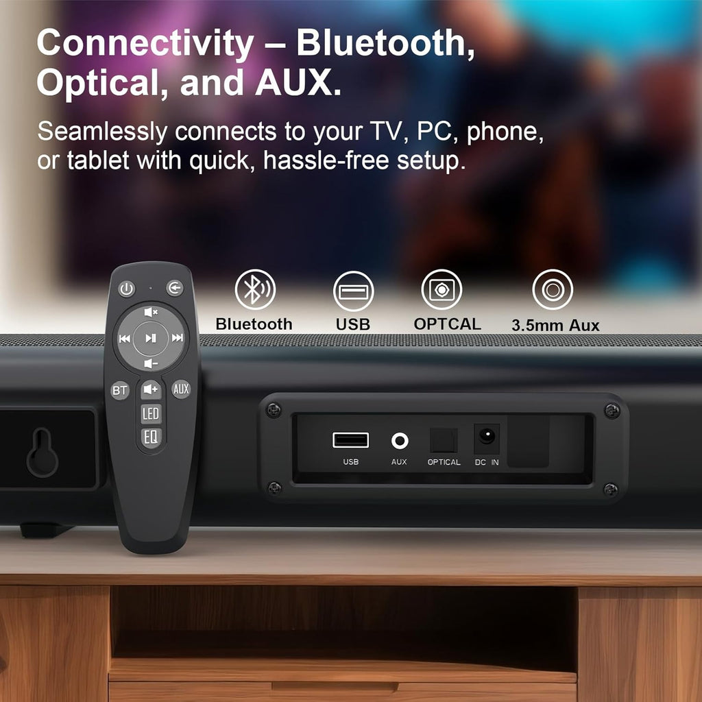 Sound Bar for Smart TV , Surround Sound System for TV – 50W Bluetooth Soundbar with Bluetooth, ARC, Optical, and AUX Connectivity, Remote Control, Wall-Mountable, Compatible with TV, PC, and Phone