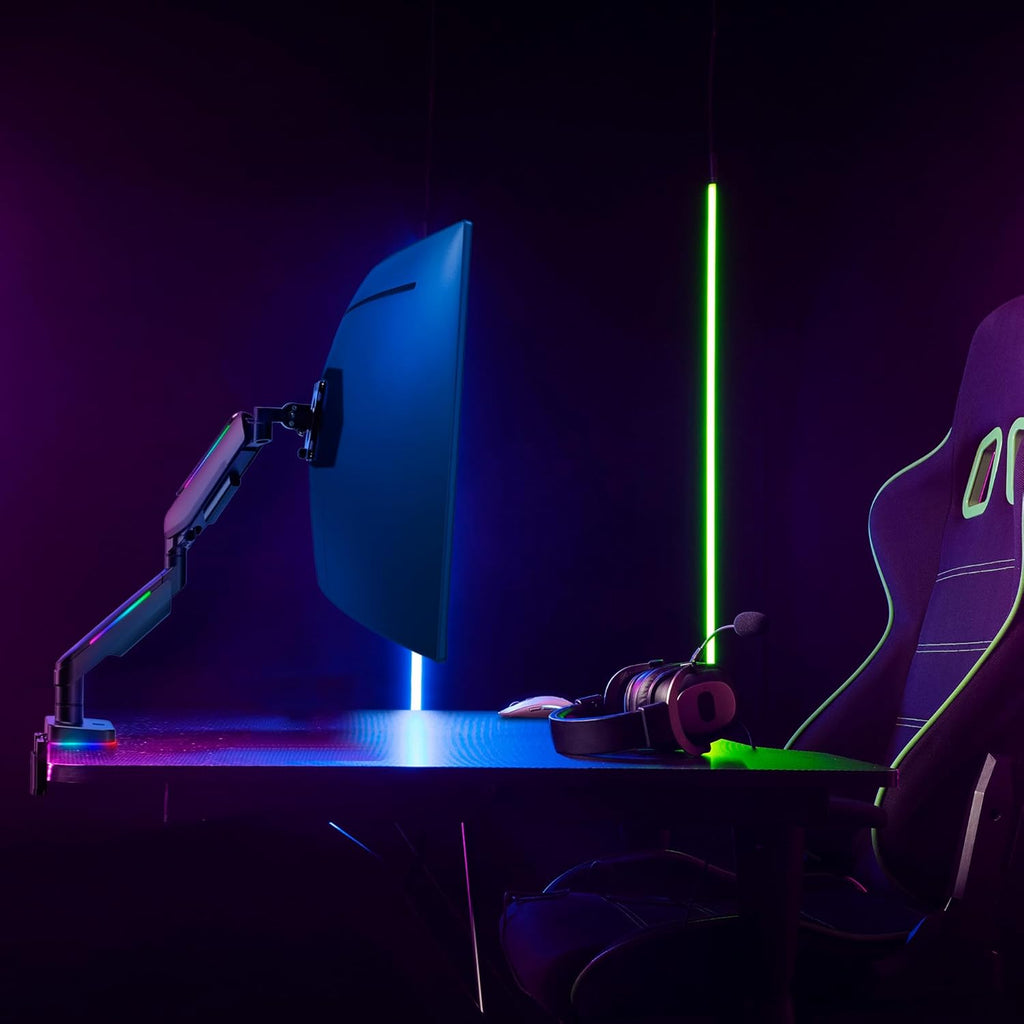 AVLT RGB Lights Single 17”-49” Gaming Monitor Arm Desk Mount, Fits One Flat/Curved/Ultrawide Screen up to 44lbs(20kg), Height Swivel Tilt Adjustable Stand - Black