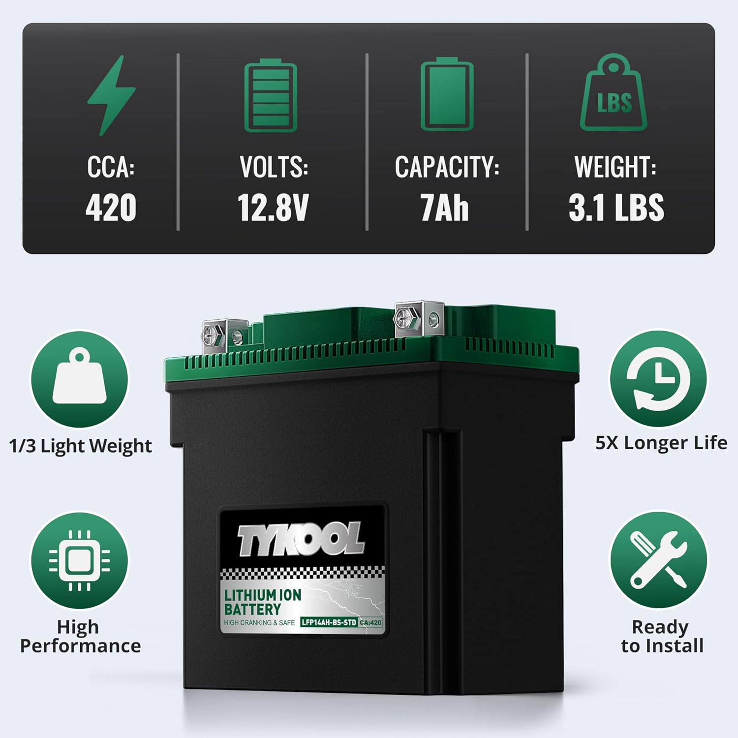 TYKOOL YTX14AH-BS-STD, LiFePO4 Lithium Motorcycle Battery,12.8V 7Ah,420CCA,5X Longer Life,Digital Readout, Powersports Battery,Fits for ATV, UTV, Scooter, Snow mobile,Polarity:[+ -]