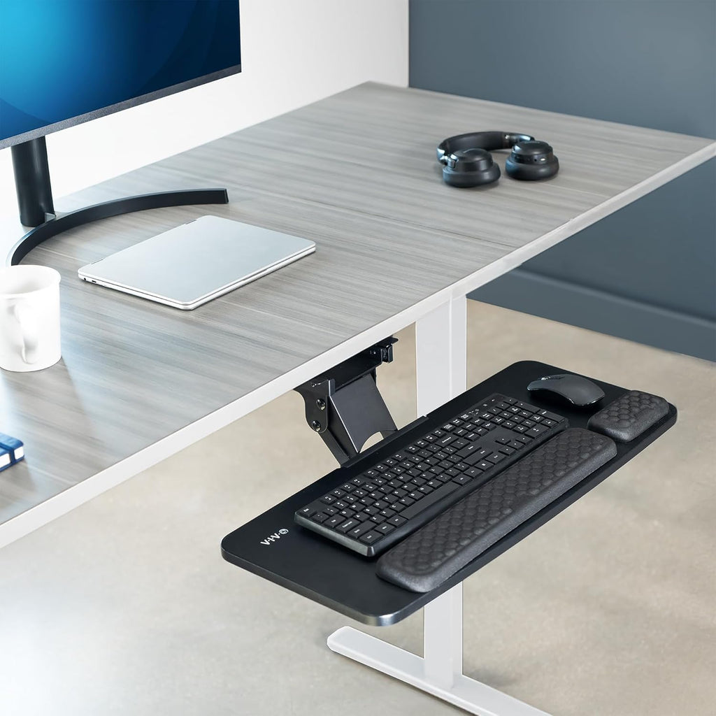 VIVO Premium Adjustable Computer Keyboard and Mouse Platform Tray, Ergonomic Under Table Desk Mount Drawer with Padding, Black, MOUNT-KB27P-B