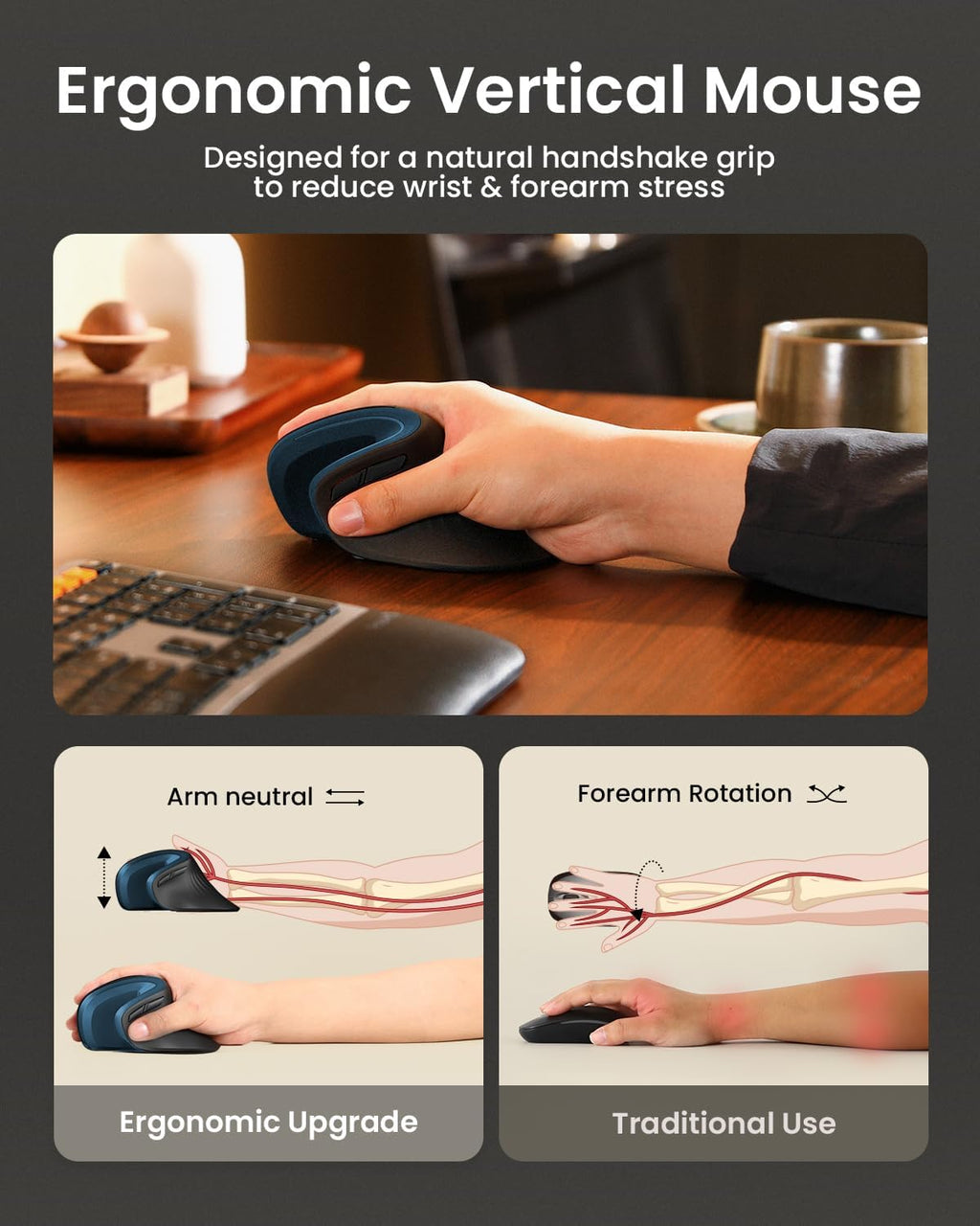 ProtoArc Ergonomic Mouse, EM11 NL Bluetooth Rechargeable Wireless Vertical Mouse, 3 Multi-Device Connectivity for Computer/PC/Laptop, 2.4GHz Optical Mice for Windows, Mac OS, Blue