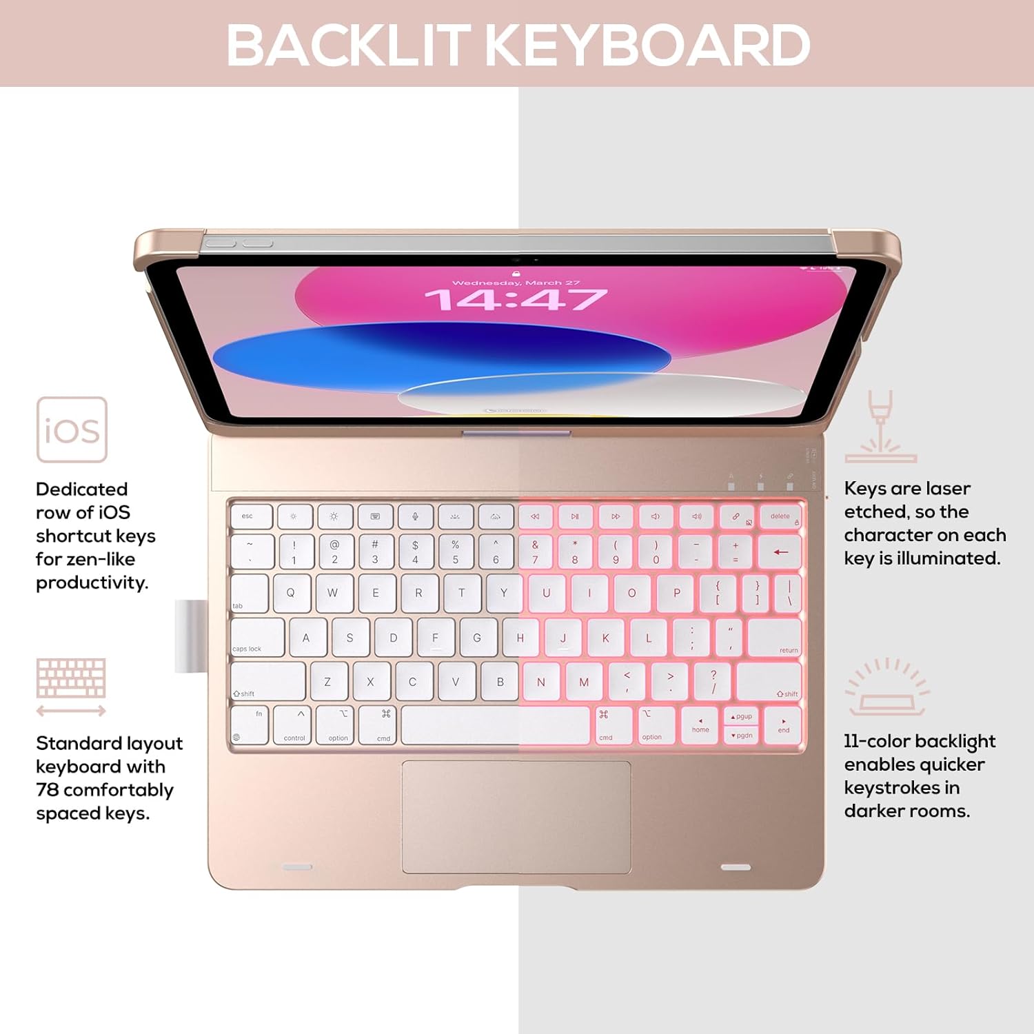 typecase Touch iPad 10th Generation Case with Keyboard (10.9", 2022) and iPad A16 (11th Gen, 2025) – 360° Rotatable, 11-Color Backlit, Multi-Touch Trackpad, Thin & Light (Rose Gold)