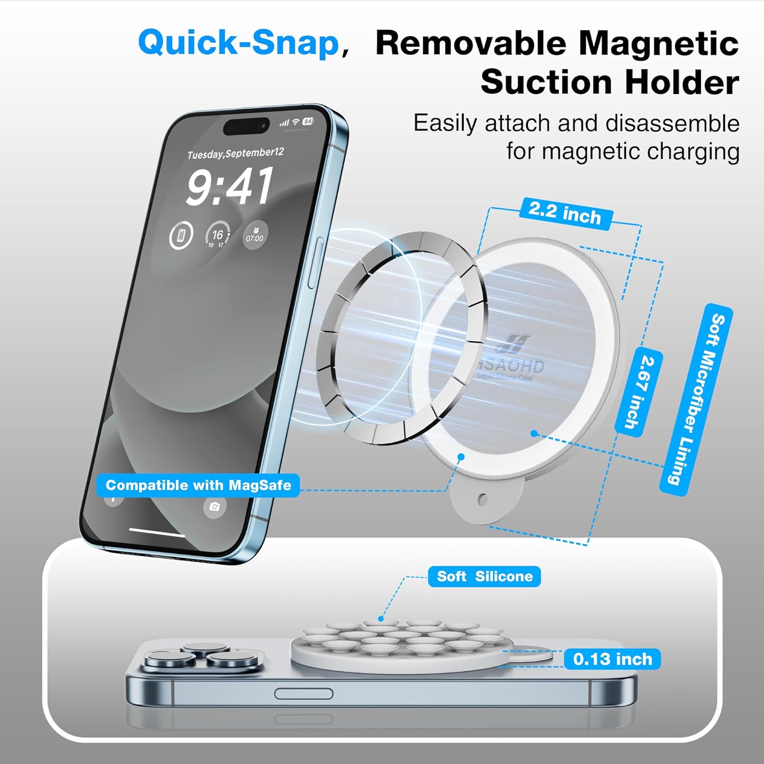 Magnetic Suction Cup Phone Mount for MagSafe Case, Silicone Hands-Free Grip Holder for iPhone and Android, Mirror Shower Phone Stand for Makeup FaceTime Gym Kitchen Bathroom, Light Gray