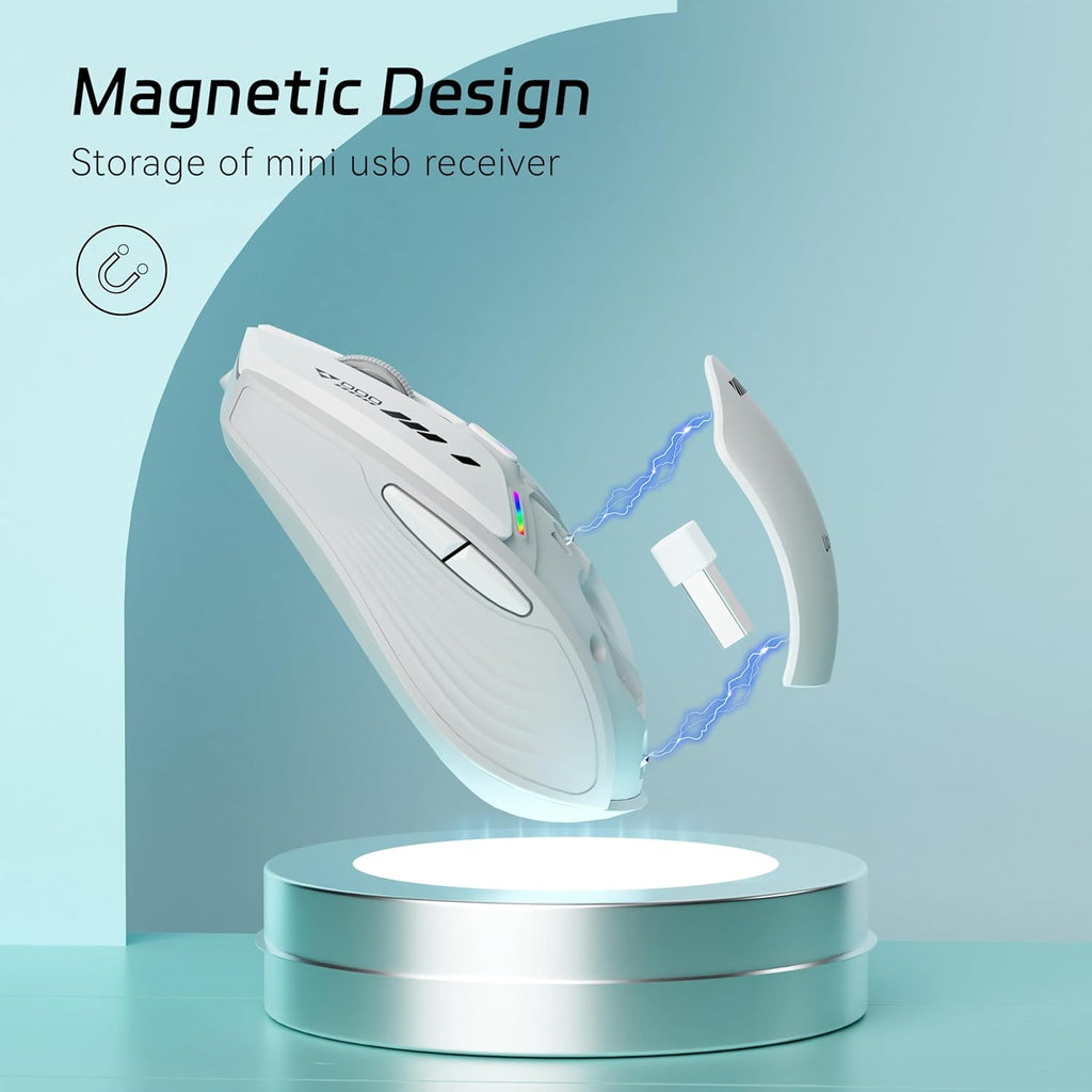 Uciefy V19 Wireless Mouse, 2.4GHz Rechargeable Mouse LED with Battery Indicator, Magnetic Computer Mice with USB Receiver & Type-C Adapter for Laptop/PC/Mac/Chromebook-White