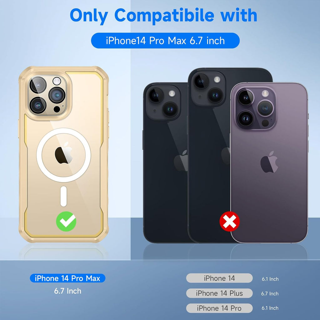 seacosmo for iPhone 14 Pro Max Case, Full Body Bumper with Built-in 9H Tempered Glass Privacy Screen Protector and Camera Lens Protector, Compatible with MagSafe, Shockproof Phone Case, 6.7", Gold