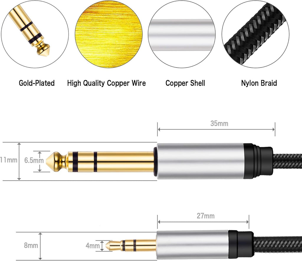 3.5 mm to 6.35 mm Audio Cable 12Ft, Gold-Plated Terminal Silver Color Zinc Alloy Housing 3.5mm 1/8" Male TRS to 6.35mm 1/4" Male TRS Nylon Braided Stereo Audio Cable for Cellphone, Amplifiers(12Ft/4M)