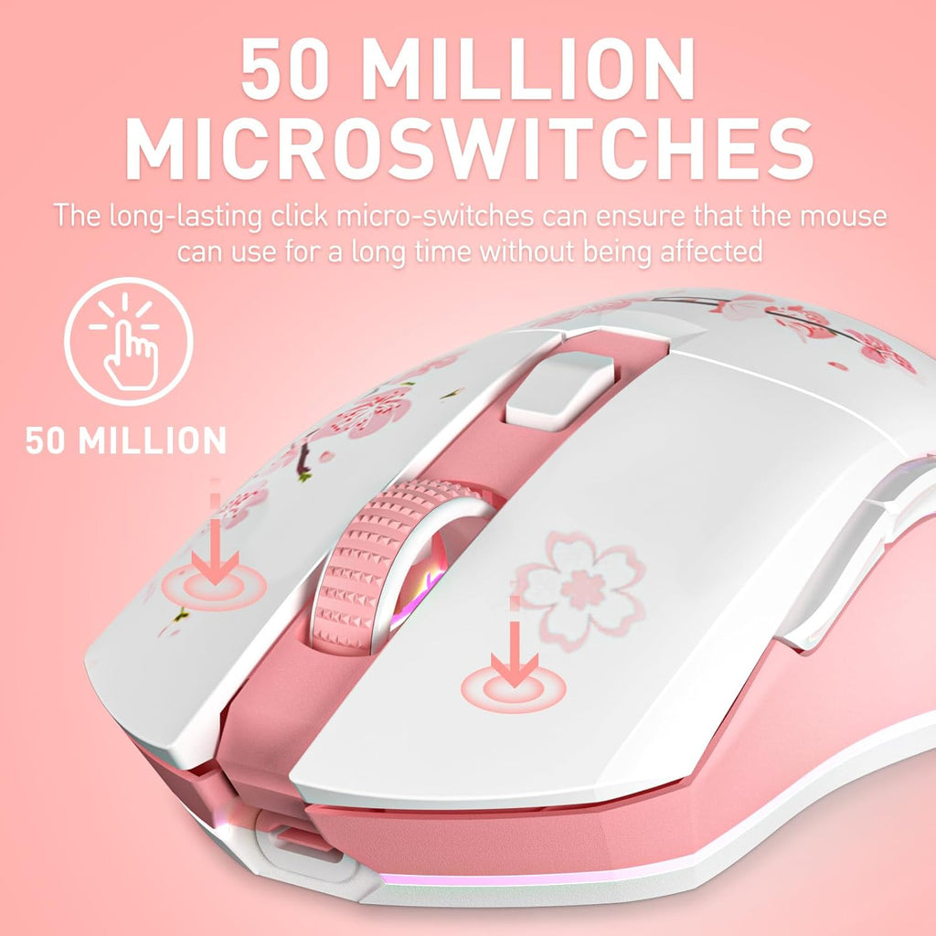 DAREU Sakura Pink Wireless Gaming Mouse with Charging Dock Rechargeable RGB,12K DPI,6 Programmable Buttons High-Precision Sensor [300IPS] [1000Hz] for PC Notebook Mac