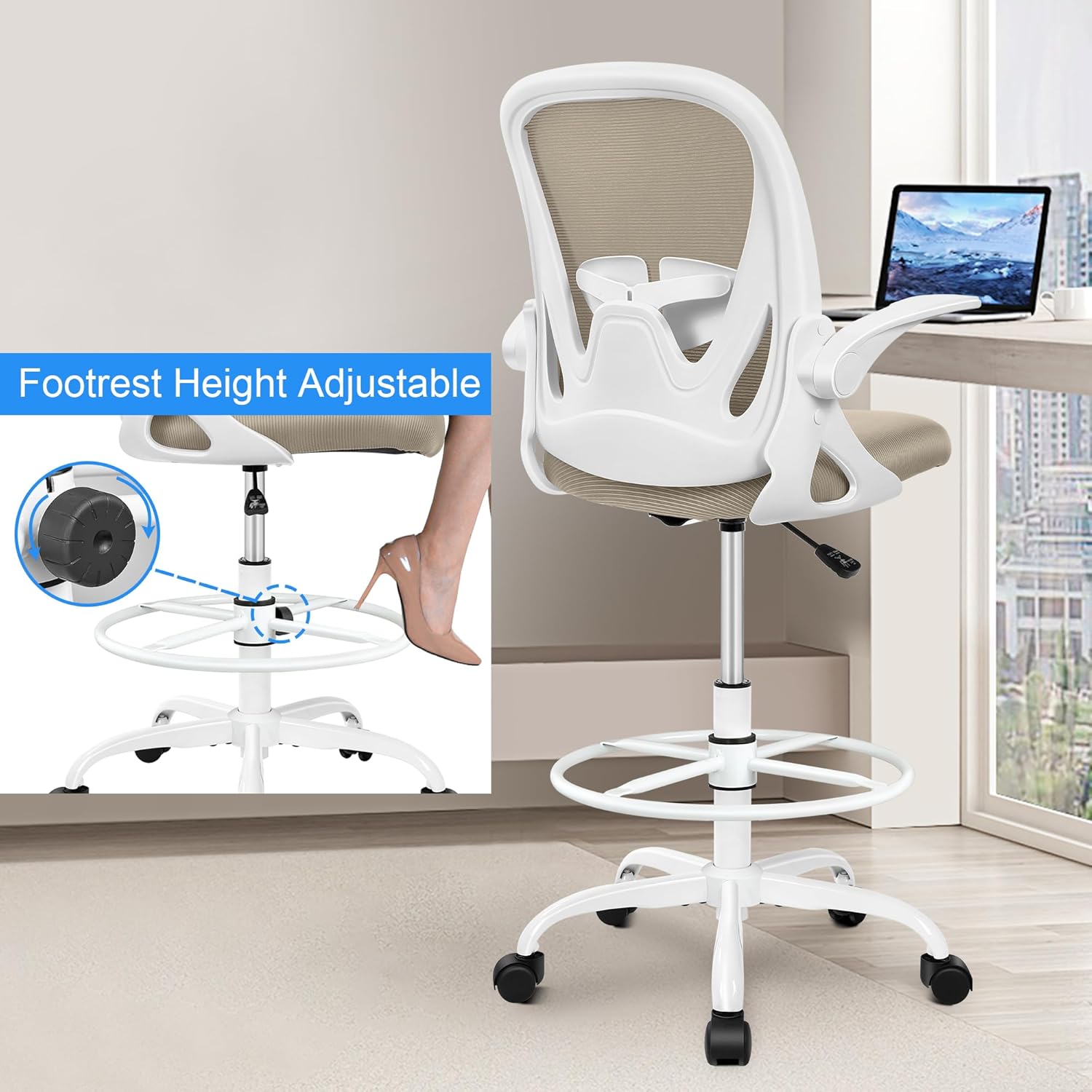 Primy Drafting Chair Tall Office Chair with Flip-up Armrests Executive Ergonomic Computer Standing Desk Chair with Lumbar Support and Adjustable Footrest Ring（Khaki）