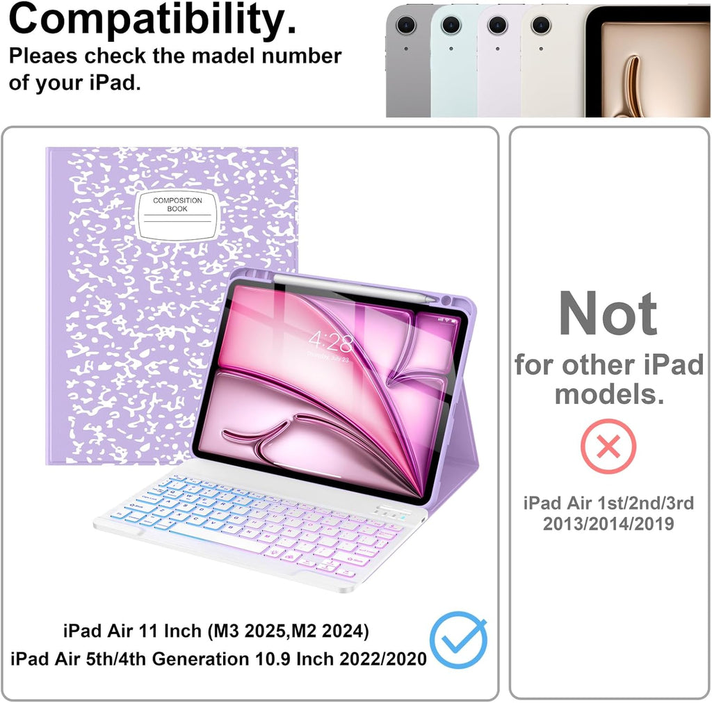 Supveco Keyboard Case for iPad Air 11 Inch (M3 2025,M2 2024),iPad Air 5th/4th Generation with Pencil Holder-7 Colors Backlit Wireless Detachable Folio Keyboard Cover with Soft TPU Back-Lilac
