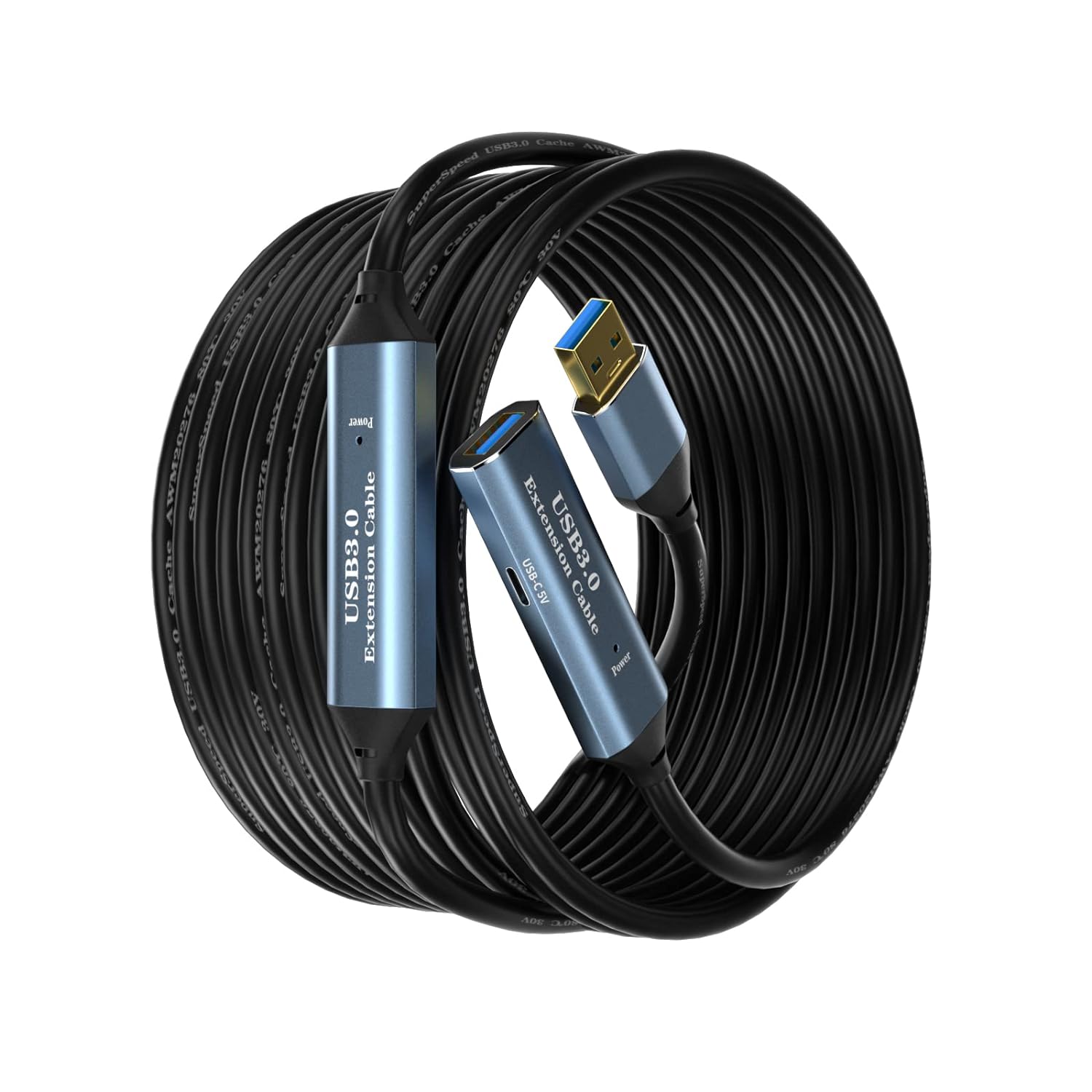 USB 3.0 Extension Cable 100FT Type A Male to Female Active Extender Cord with 4 Extension Chipsets Signal Booster and 1 USB-C Charging Port, for Webcam, PlayStation, Printer, Camera