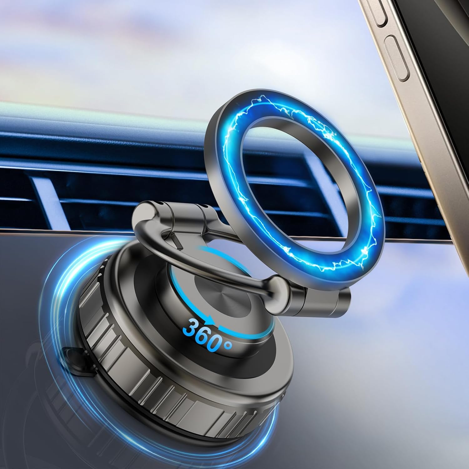 Kairiyard Vacuum Magnetic Phone Holders for Your Car, 360° Adjustable Ultra Magnet Suction Car Phone Holder Mount Foldable Cars Phone Stand Compatible with MagSafe iPhone All Smartphones