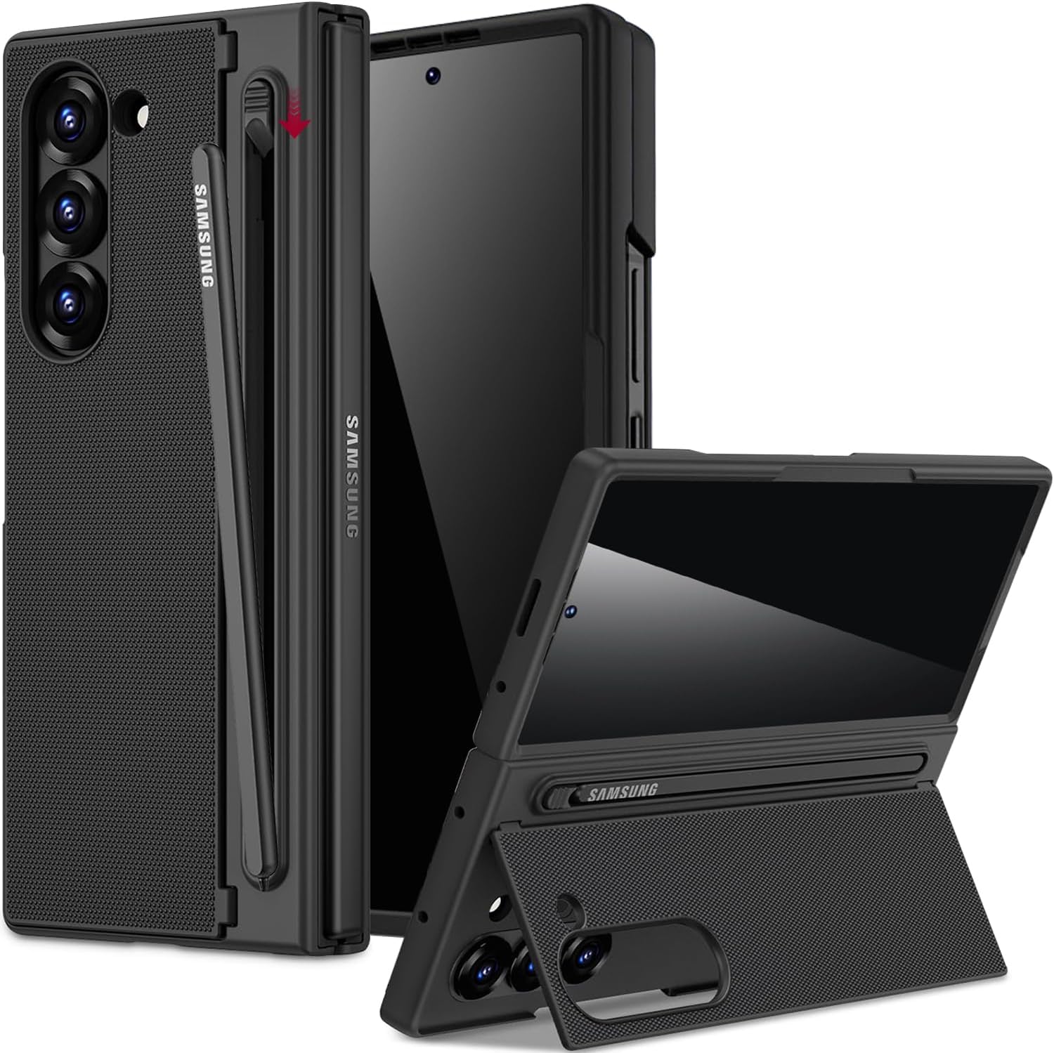 Miimall for Samsung Galaxy Z Fold 6 Case with S Pen Holder Slot [Military Grade Drop][Built-in Privacy Screen & Invisible Kickstand] Slim Thin Protective Phone Case for Galaxy Z Fold 6 Cover Black