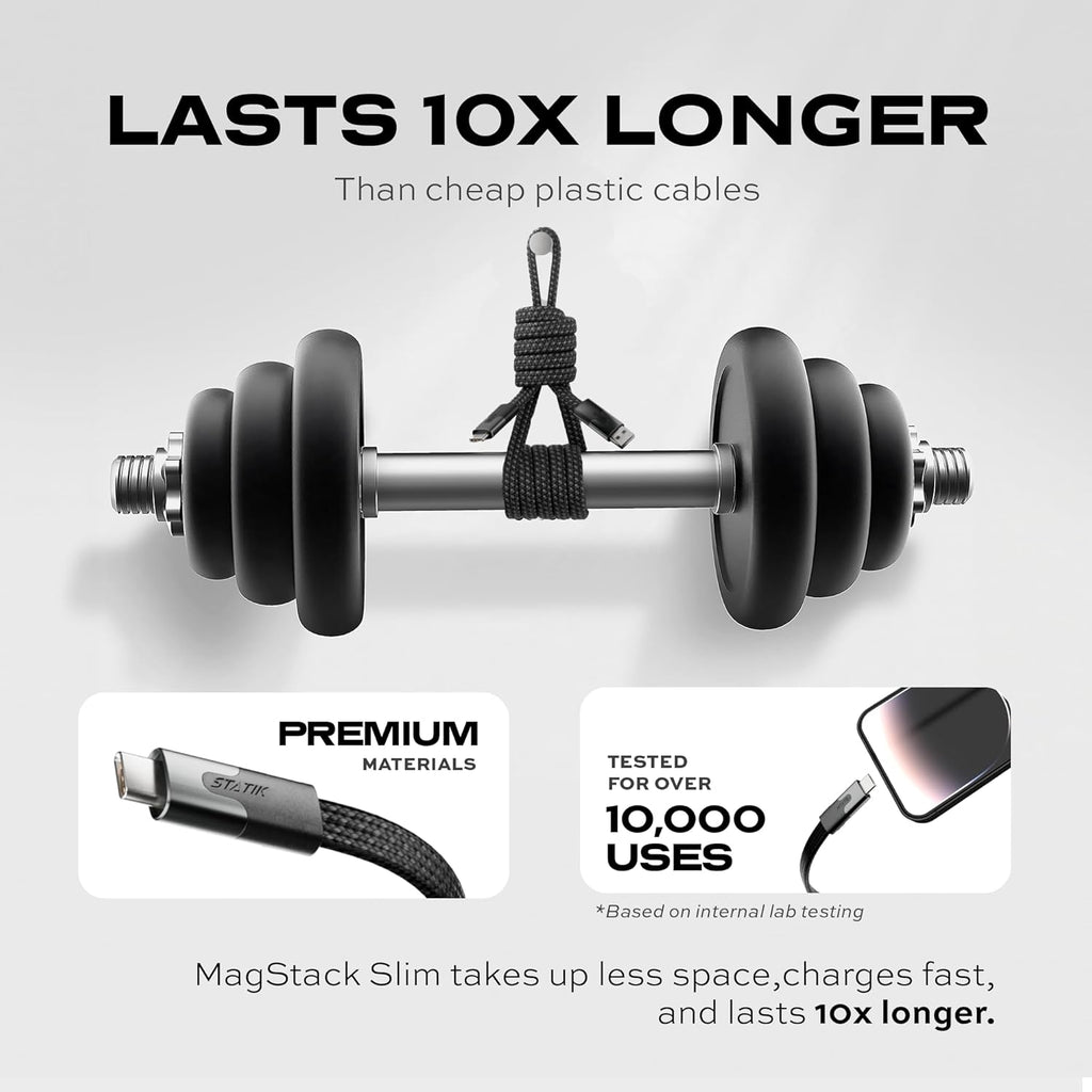 Statik MagStack USB to USB C Cable, Magnetic Anti Tangle Flat A to Type C Charger Fast Charging Cord, Magnetic Charging Cable, Compatible with iPhone 16 Pro Max, 15, Galaxy S24 Ultra, 27W 6FT/2M
