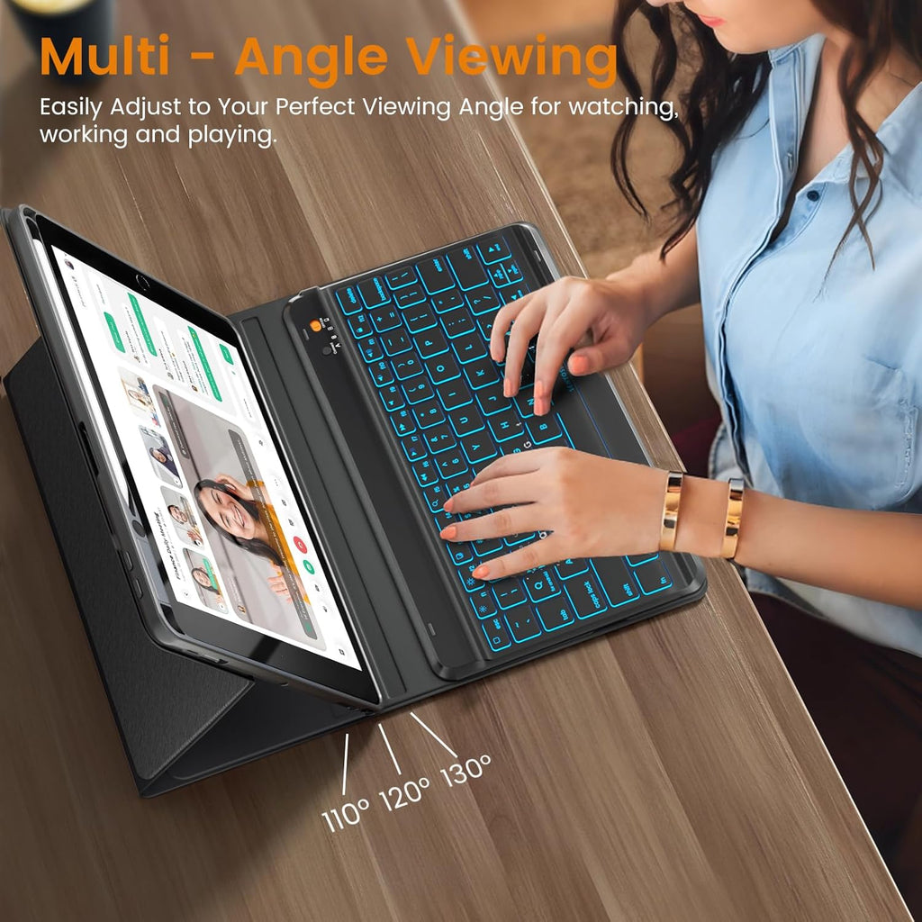 OYEEICE for iPad 9th Generation Case with Keyboard 10.2'' - 7 Color Backlit Wireless Keyboard Cover with Pencil Holder for iPad 9th/8th/7th Gen 10.2 inch, iPad Air 3rd Gen & iPad Pro 10.5" - Black