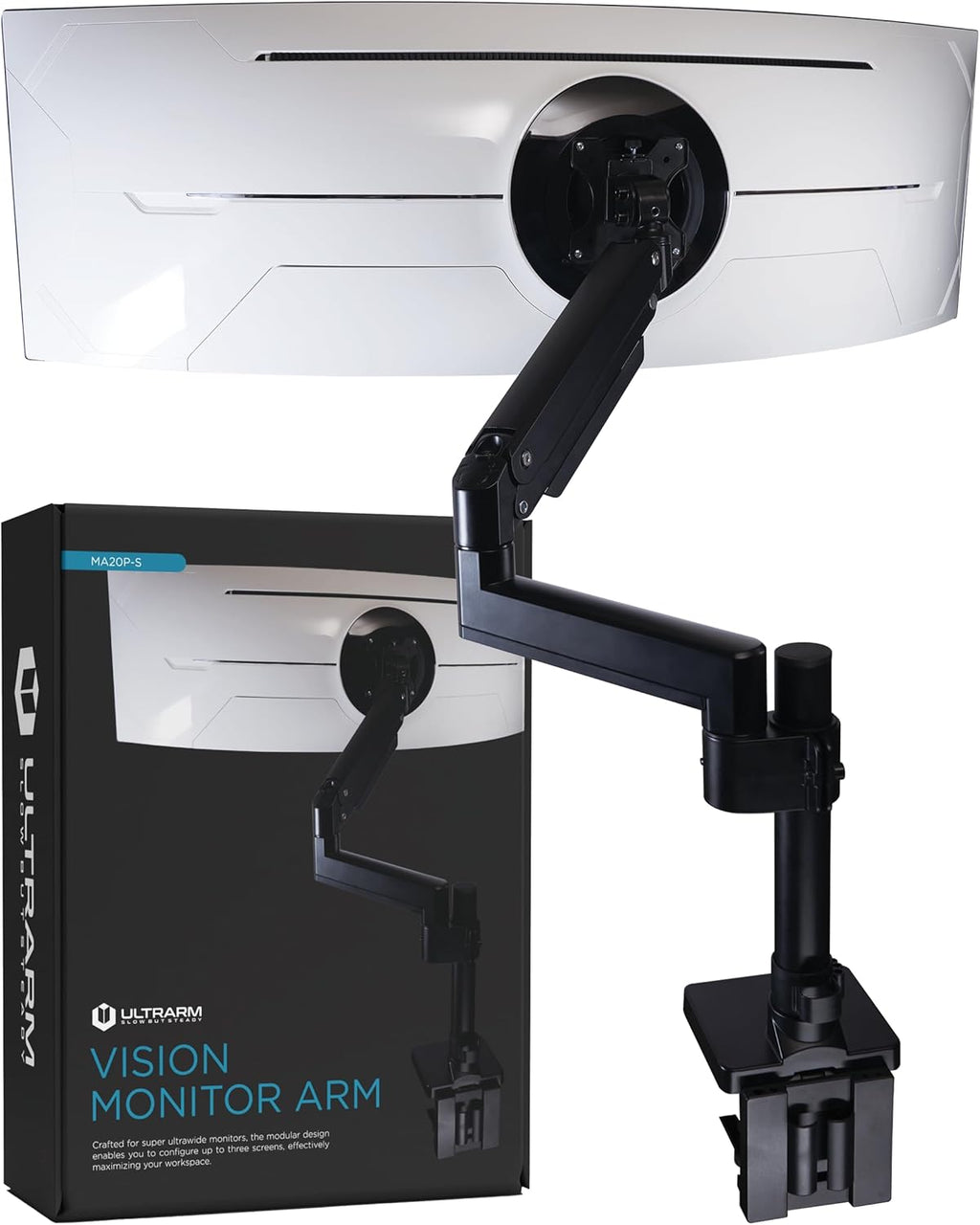 Heavy Duty Monitor Arm for Ultrawide Monitors up to 57" and 44 lbs, Single Desk Stand, Pneumatic Height Adjustable, Modular Extension Arms - Max VESA 100x100, Black, MA20P-S