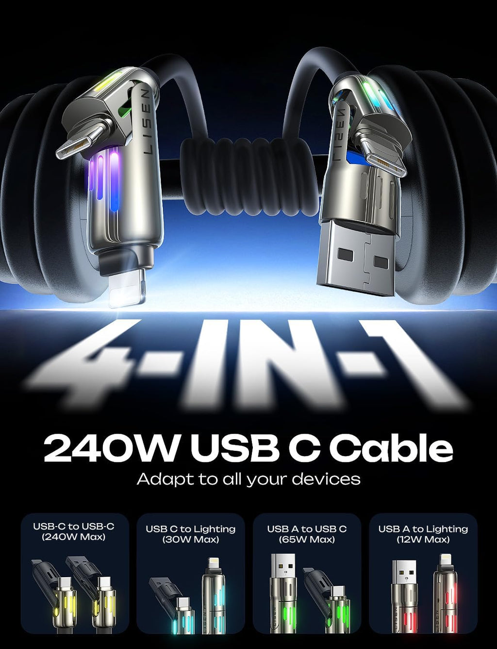 LISEN 240W USB-C Charge Cable, Soft USB C Cable, 4 in 1 Charging Cable (6.6FT) with Light, USB A/C to C/L Multi Charging Cable for iPhone 16 15 14 13 12 Pro Max, MacBook, iPad, Samsung, Black